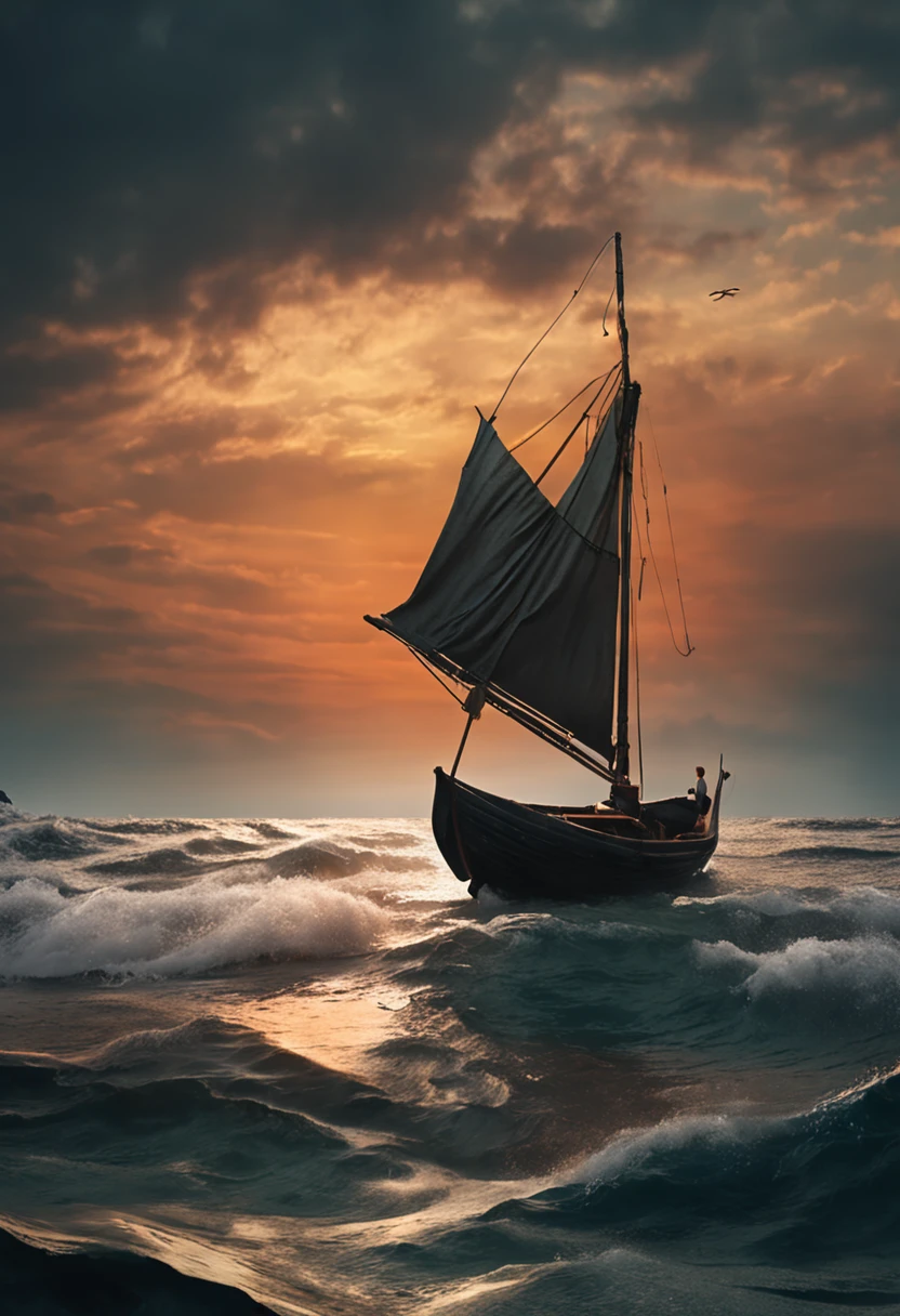 (mestre em pintura da ilha misteriosa, Dark and intriguing scenery, Small lone fisherman's sailing boat with brave woman, turbulent and deep waters)