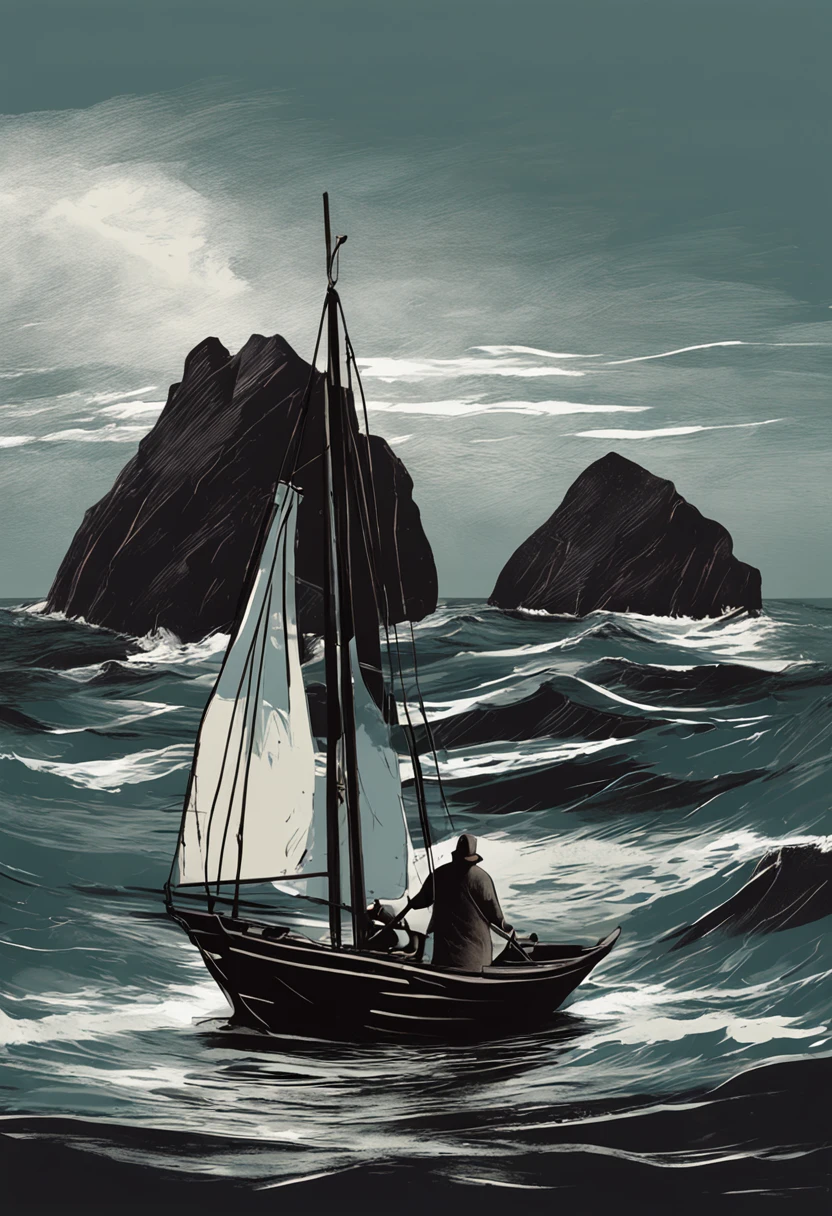 (mestre em pintura da ilha misteriosa, Dark and intriguing scenery, Small lone fisherman's sailing boat with brave woman, turbulent and deep waters)
