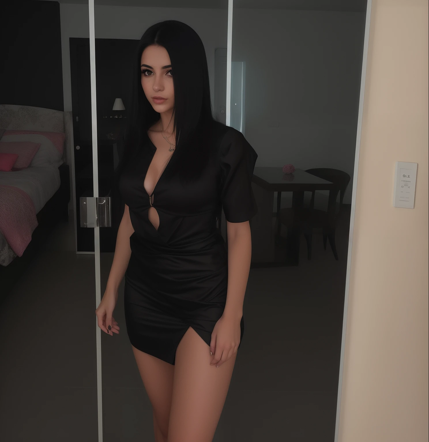 there is a woman in a black dress standing in a room, olhar sexy, roupa muito sexy, roupa sexy, she is wearing a black dress, ela tem cerca de 2 0 anos, ela tem cerca de 20 anos, roupa preta, she's facing the camera, ela tem cerca de 25 anos de idade, 18 anos, Lorena Avarez