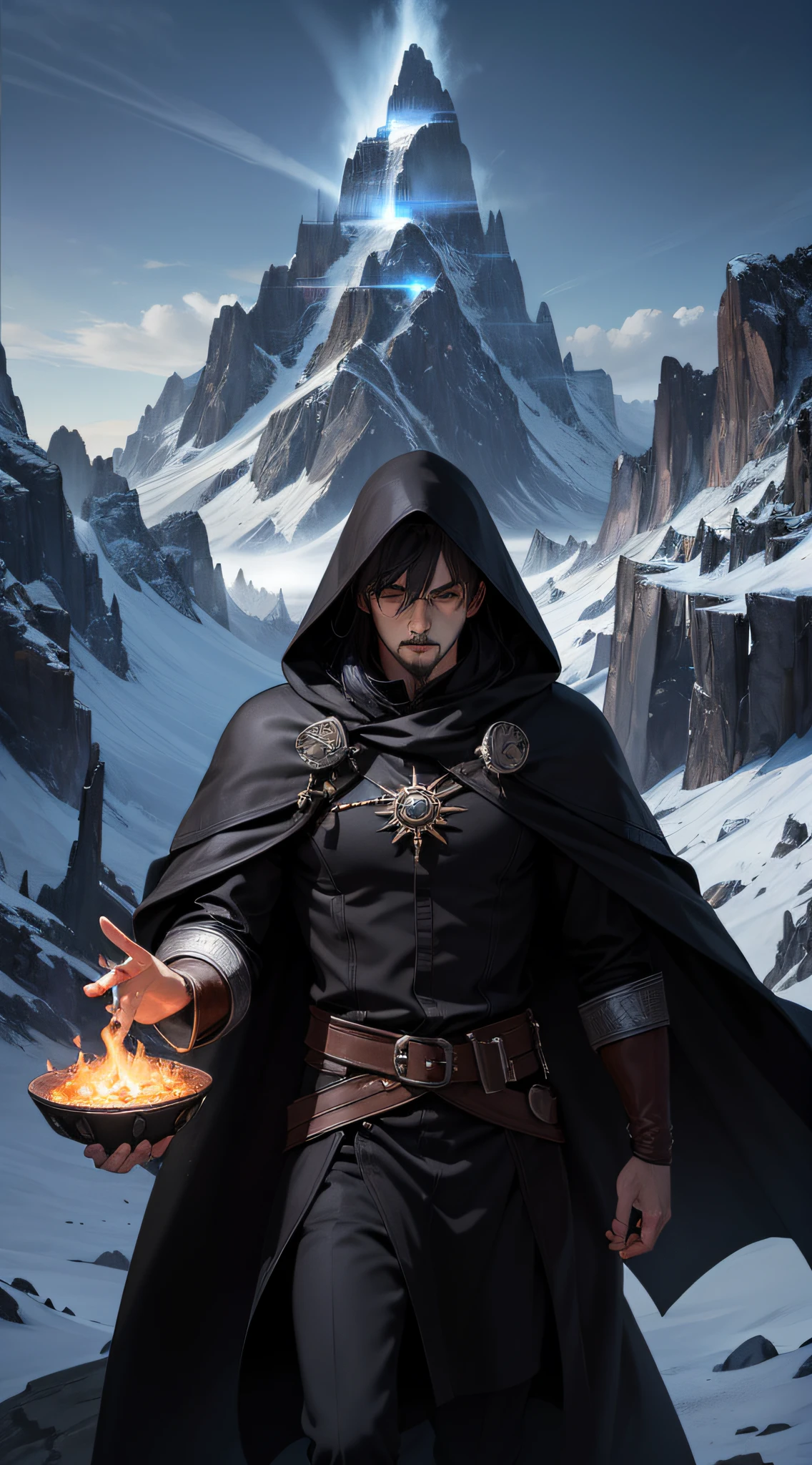 masterpiece, best quality, landscape, gorgeous, caster, perfect face,1man, mage, hood, snow, fire, fire magic, black coat, cold, mountain, desolate, alone, , badass, misteryous, magic, magicle, dark, stunning view, goatee, scary