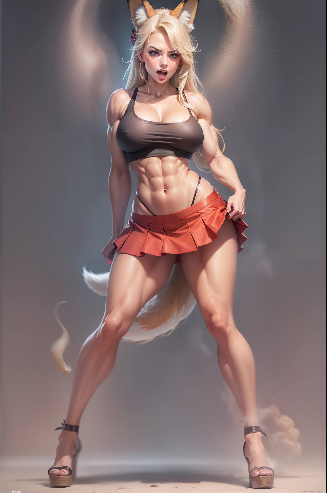 1 woman, 25 years old, solo, (adult woman:1.0), ((muscular woman)), (evil face:1.0), anger, open mouth, red lips, (abs), navel, long hair, blonde hair, blue eyes, long hair, braided ponytail, hair ornament, stupid bangs, animal ears, ((fox girl)), fox ears, fluff on the ears, tail, fox tail, broad shoulders, elastic hips, elastic ass, elastic breasts, covered nipples, breasts spread, makeup, red eyeshadow, blush, collarbone, ((large breasts)), ((slim waist)), neckline crop top, crop skirt, red panties, alternative suite, clothes lift, skirt lift, skirt hold, standing, legs wide apart, full body, (bottom view:1.0), grey simple background, (detailer:1.0), (realistic:1.0)