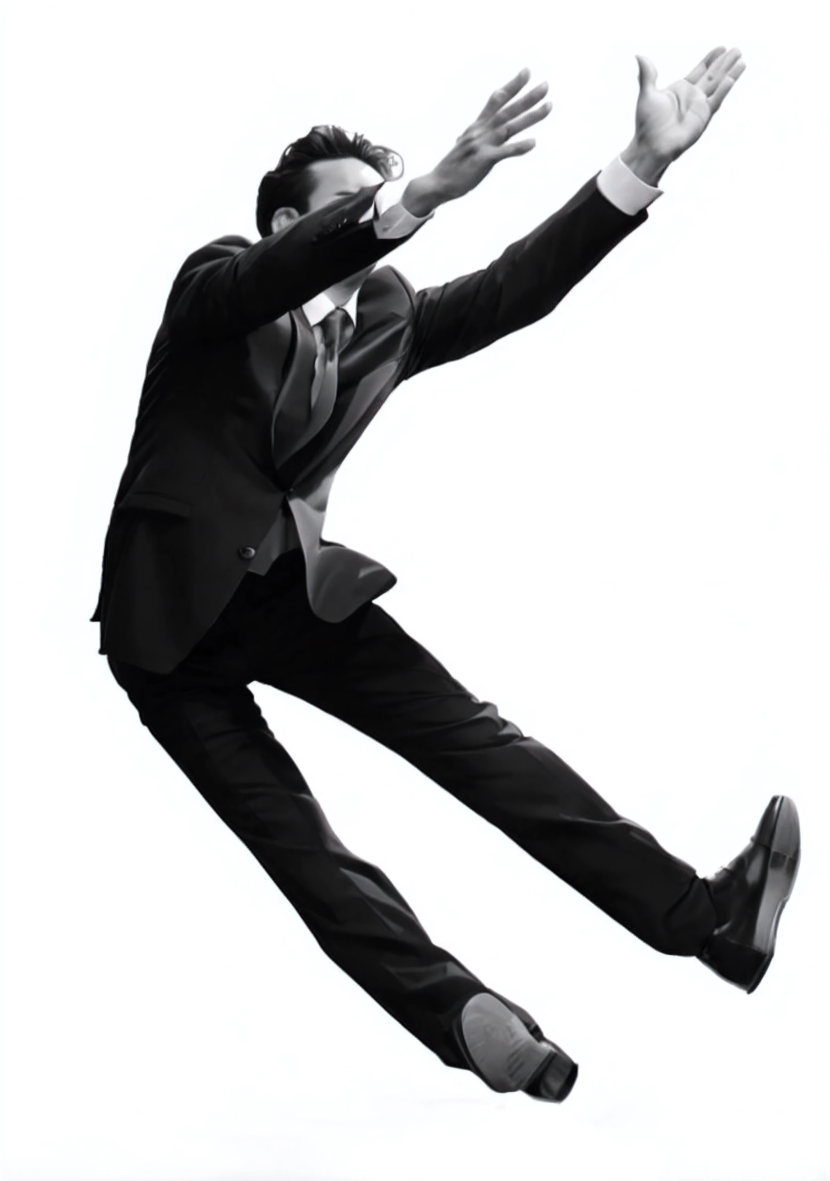 black and white pencil sketch of a man wearing black suit, leaning backward with straight legs, two hand infront of the head, two hand straight over the head, minimalistic pencil sketch, in the art style of Robert Longo, art style Robert Longo, Robert Longo art style, full white background, side profile, side view, side profile, side view