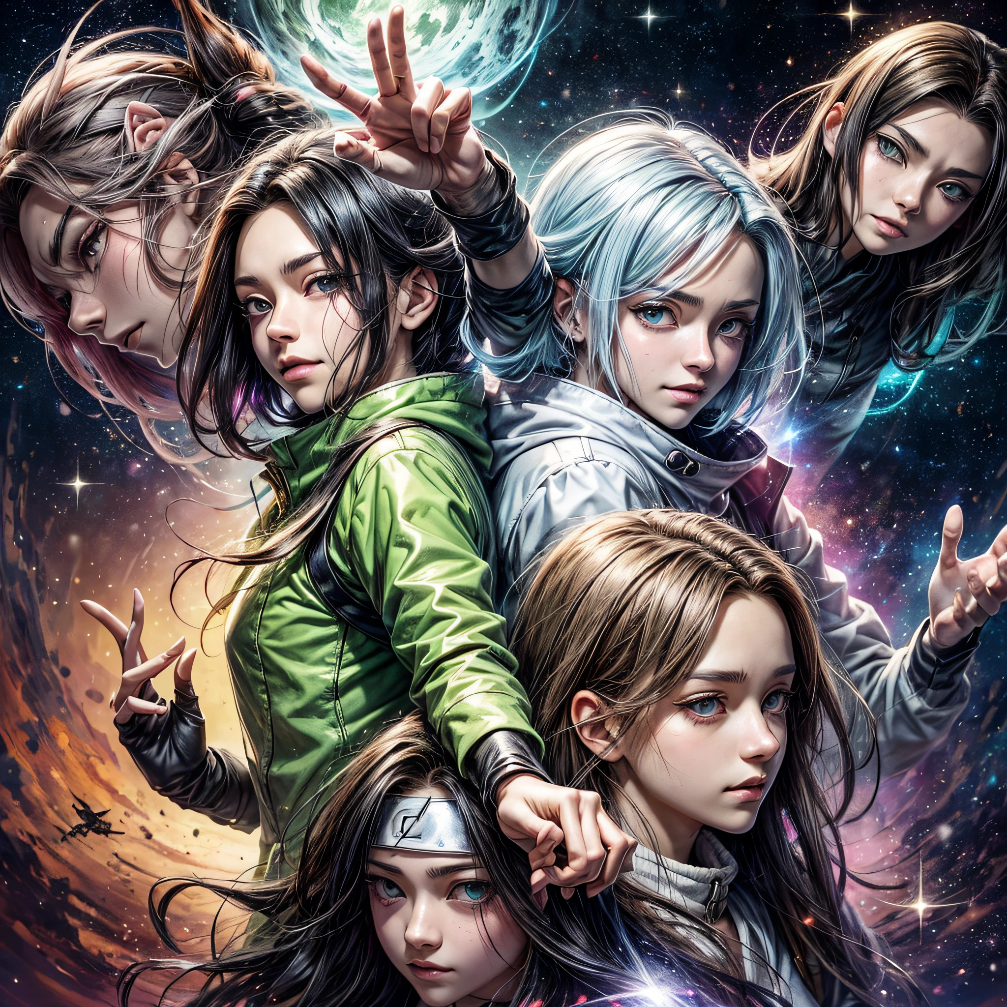 Draw an image that features the characters Kakashi from 'Naruto Shippunden' and Nezuko from 'Demon Slayer' interacting amicably against a galactic backdrop. They should be smiling and waving their hands, as if they were greeting each other in a friendly interdimensional encounter. Be sure to capture each character's distinctive traits and the magical glow of their respective series."