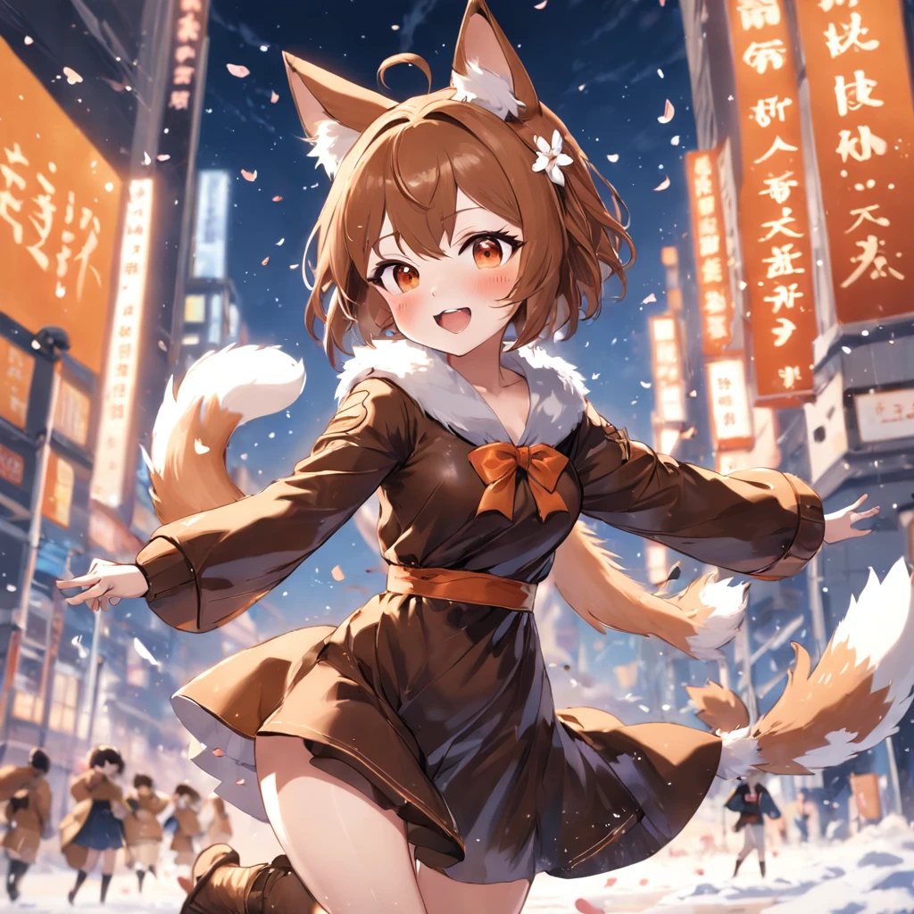 masterpiece, best quality, movie still, 1girl, close-up, bright, happy, warm soft lighting, sunset, (sparks:0.7), ultra detailed, idol pose, (blushing), head tilt, orange fox ears ,paint on cheek, large thighs, boots, fringe, using glasses, winter clothes, Delighted, Happy, black luxury dress , normal breast, beautiful girl, (shiny skin:1.2), brown eyes, (pupils sparkling), brown hair, short hair, elegant, wind, BREAK, flower fields: frame the scene with cherry blossoms petals, cherry blossoms branches, wind, landscape, anime