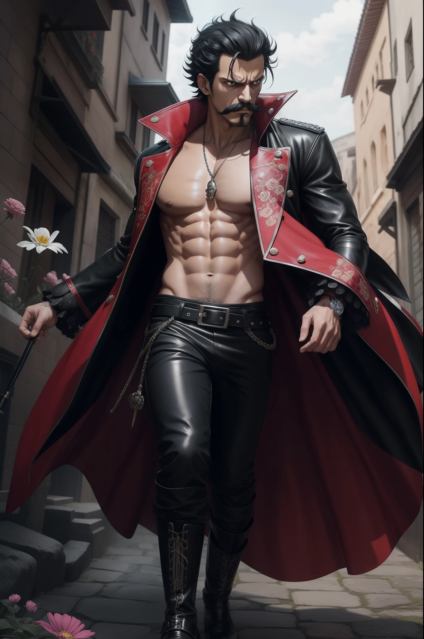 "Mihawk from One Piece, with black hair , wearing an angry expression and sporting a splendid mustache. He is dressed in a black and red cover-coat, adorned with beautifully illustrated flowers, fluttering in the wind, White Pants and Nice Black lether boots( biker boots) Surrealism, high detail, Gothic art, Hyperrealism, ccurate, anatomically correct, masterpiece, UHD, high details, high quality, best quality, highres, 4K, award winning (( MASTERPIECE )).