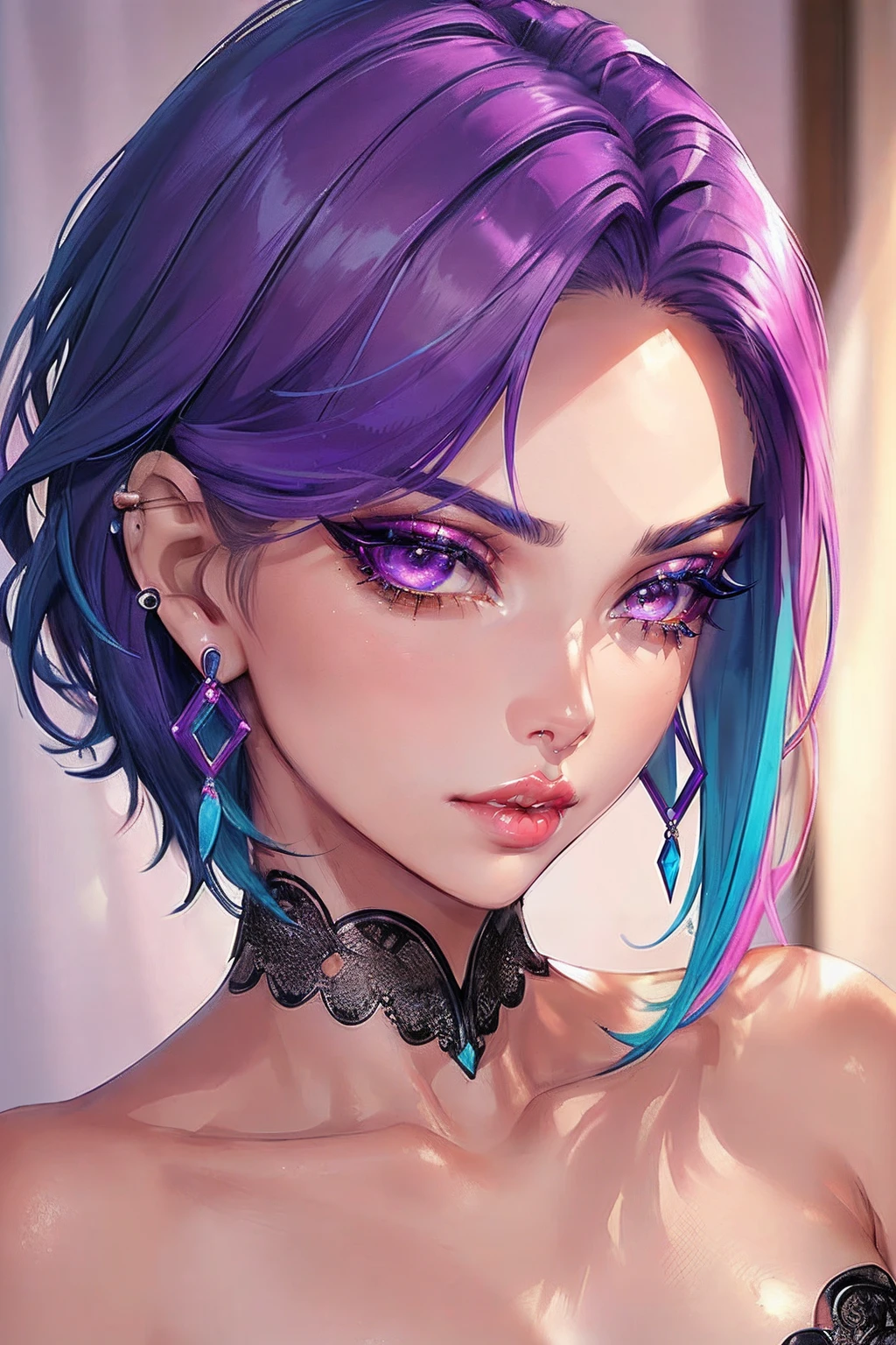 handsome girl, ((beautiful slim age girl 18 years old, hair color [glare on the hair], [Pixie Hair Cutting]), earings, lips, realisti, Narrow waist, Charming, Scarlet lipstick, Colorful make-up, long eyelashes, earings, eye liner, light skin, (pretty), (Detailed Face), A detailed eye, detailed iris
