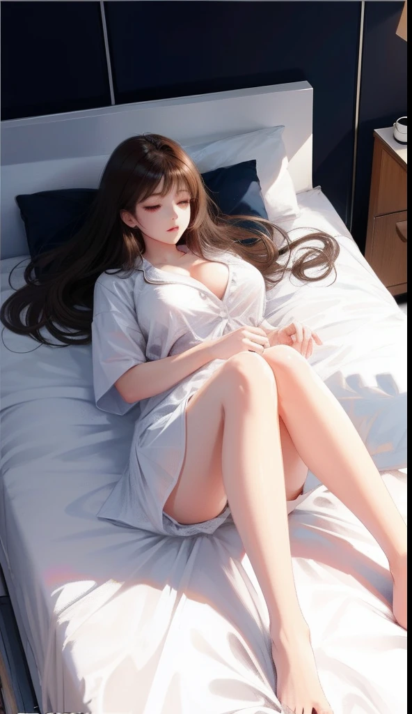 Sleeping girl,Large breasts,realisticlying,She is wearing a Miniskirt,Wear transparent close-fitting pajamas,brown hair,raising her legs,Leakage of the,Heads-up