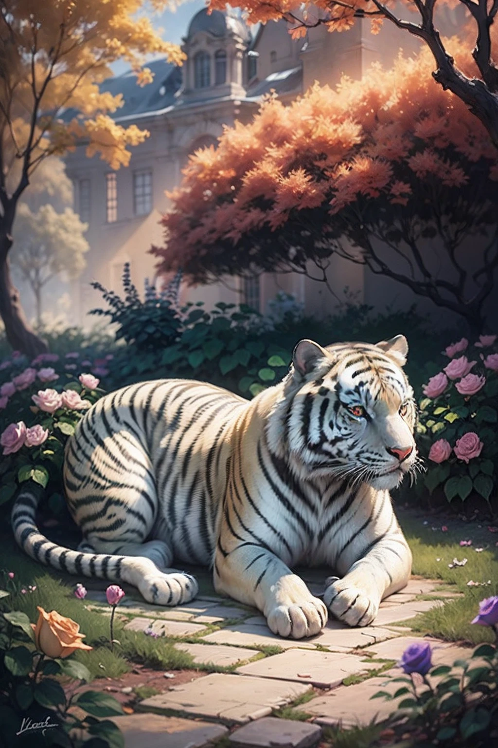 white siberian tiger, Inspired by artist John Howe. The royal garden at the center features a glowing rose bush. Warm color temperature, serene expressions. Soft, golden lighting with a dreamy atmosphere. --auto --s2