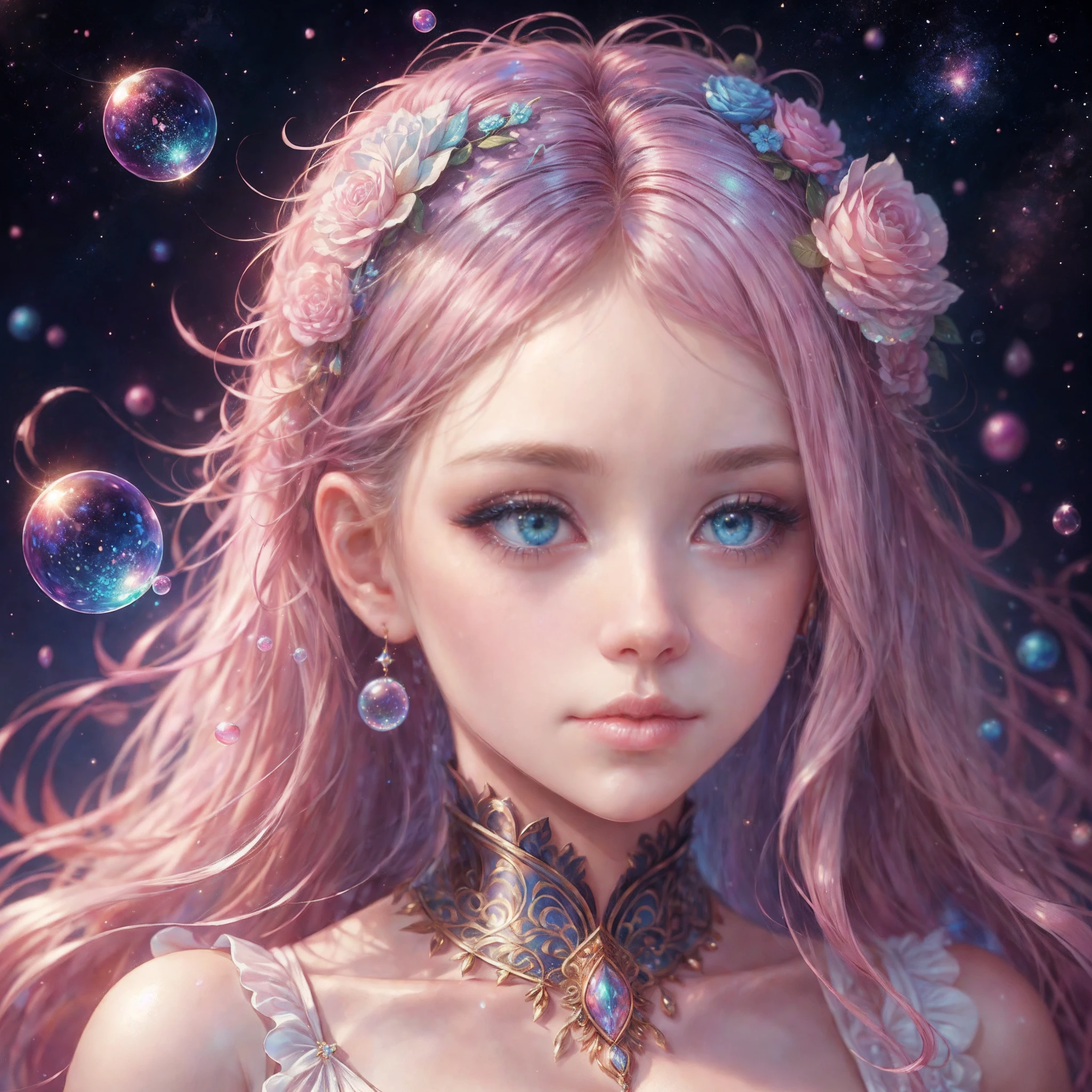 ((masterpiece)). This ((realistic photograph:1.4)) is sweet, dreamy and ethereal, with soft pink watercolor hues and many ornate cotton candy accents. Generate a delicate and demure English fae exploring a (bubblegum world with a wide variety of pastel shades). Her sweet face is extremely detailed and realistic with elegant features and a sweet and subtle expression, Include mature features, puffy lips, and stunning, highly realistic eyes. Her eyes are important and should be realistic, highly detailed, and beautiful. In high definition and detail, include lots of details like stars, galaxies, colorful bubbles, colorful petals, and lots of energy and emotion! The stars and colorful bubblegum bubbles are important! Include fantasy details, enhanced details, iridescence, colorful glittering wind, and pollen. Pay special attention to her face and make sure it is beautifully and realistically detailed. The image should be dreamy and ethereal.8k, intricate, elegant, highly detailed, majestic, cinematic photography, ARRI ALEXA 65, 50mm lens,photo grain