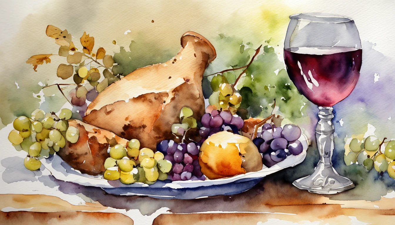 Table with bread, wine goblet and grapes 、It's made up of a lot of things big and small、Pontos de cor claros、altamente detalhado ::n_Estilo anime、fotorrealista、Deformado、falha、Alto contraste、ruidoso ::semente 1000