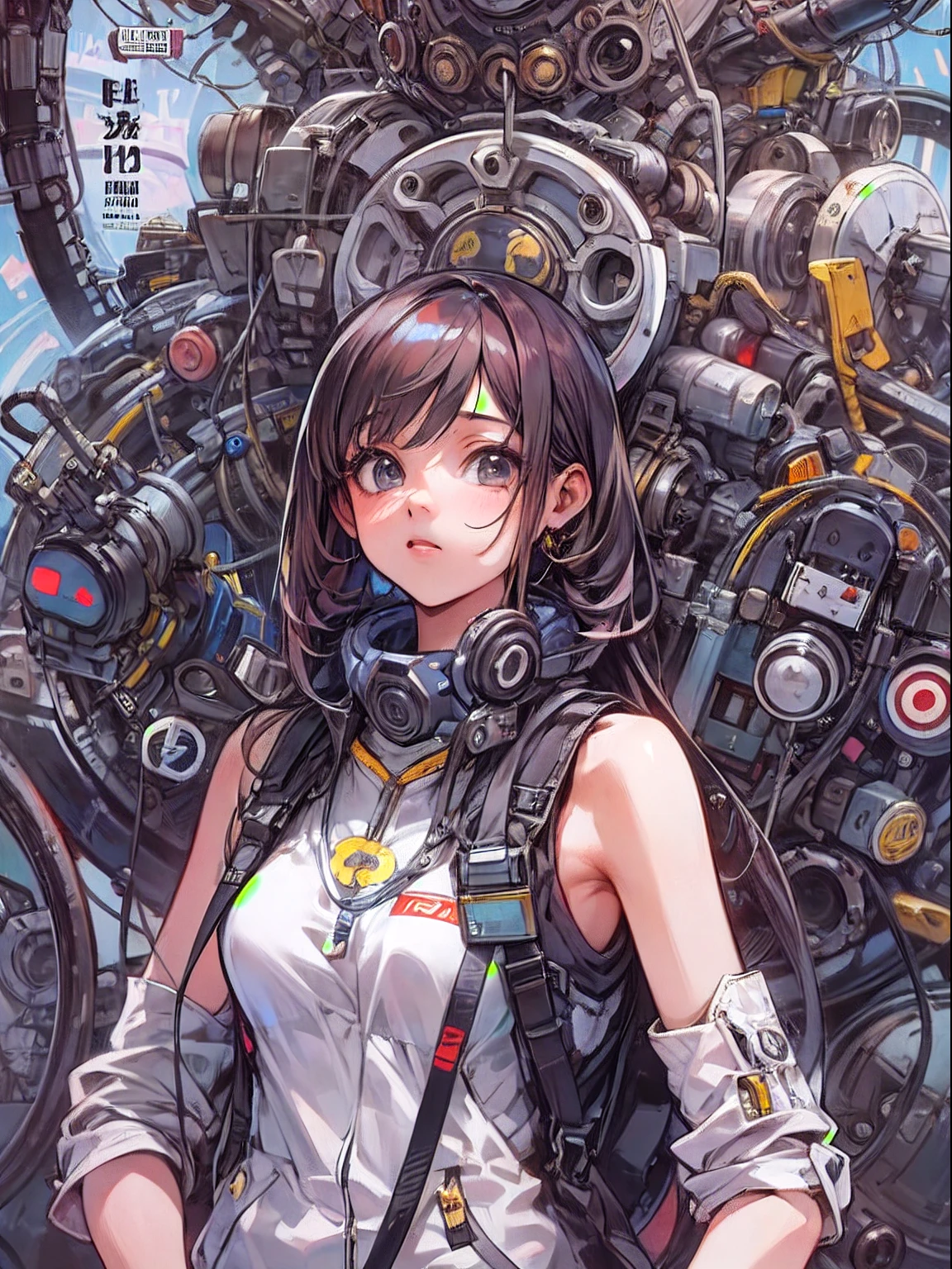 Manga magazine cover, ****** bonito:1.2, roupas Techwear, Mechanical spider, Cabos, engrenagens, circles, fractais, art-station, CGSetnação, arte Carlos Meglia