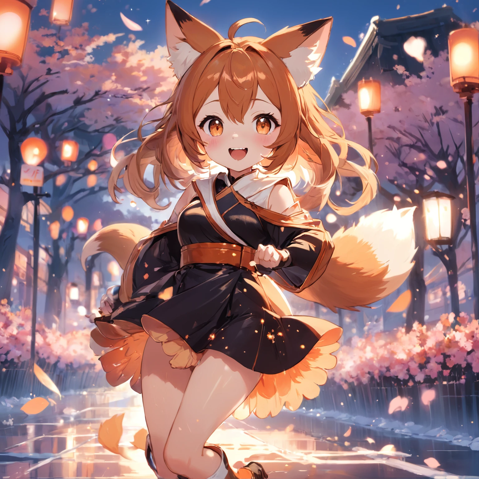 masterpiece, best quality, movie still, 1girl, close-up, bright, happy, warm soft lighting, sunset, (sparks:0.7), ultra detailed, idol pose, (blushing), head tilt, orange fox ears ,paint on cheek, large thighs, boots, fringe, using glasses, winter clothes, Delighted, Happy, black luxury dress , normal breast, beautiful girl, (shiny skin:1.2), brown eyes, (pupils sparkling), brown hair, short hair, elegant, wind, BREAK, flower fields: frame the scene with cherry blossoms petals, cherry blossoms branches, wind, landscape, anime