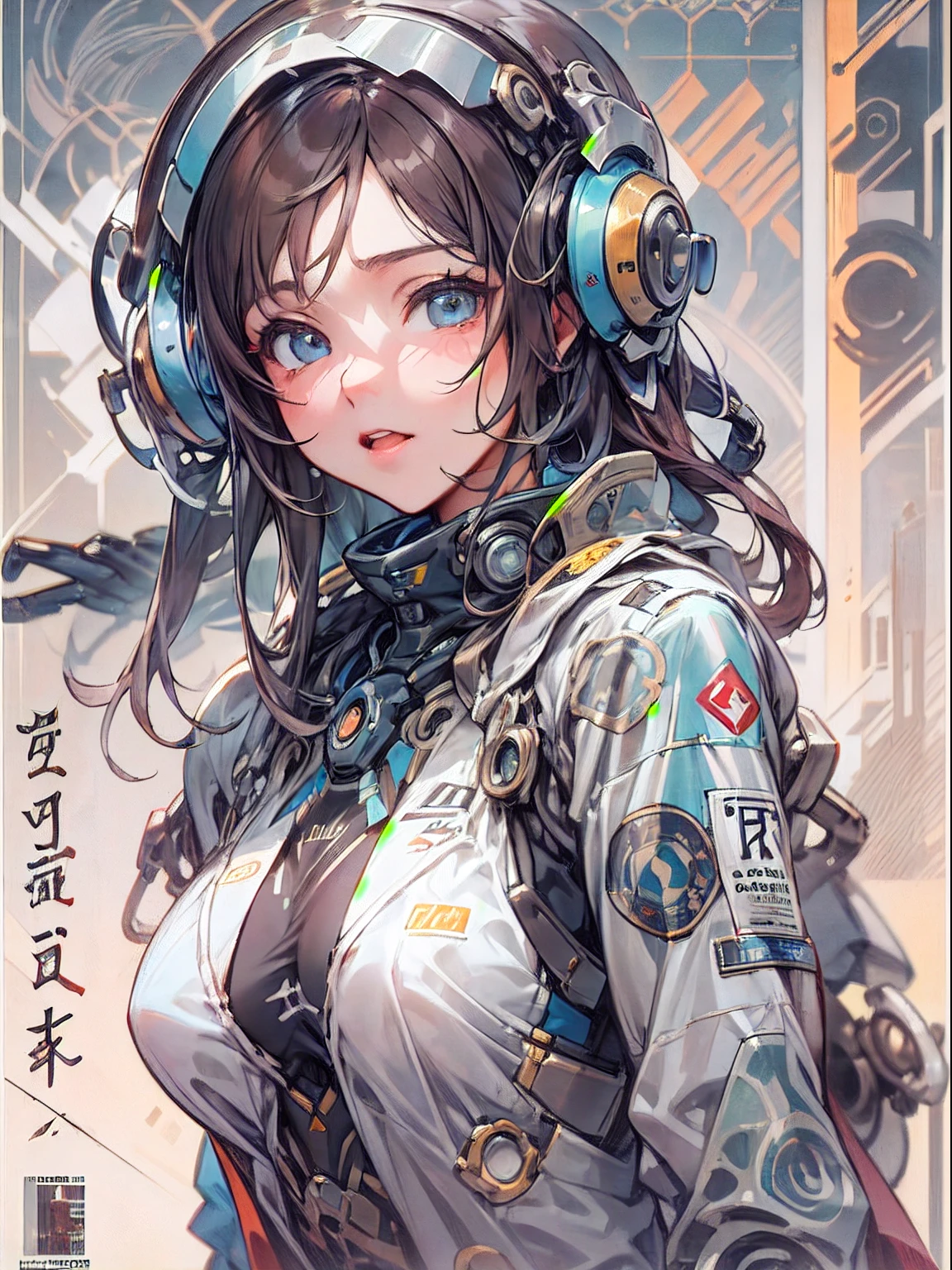 Manga magazine cover, menina bonito:1.2, roupas Techwear, Mechanical spider, Cabos, engrenagens, circles, fractais, art-station, CGSetnação, arte Carlos Meglia