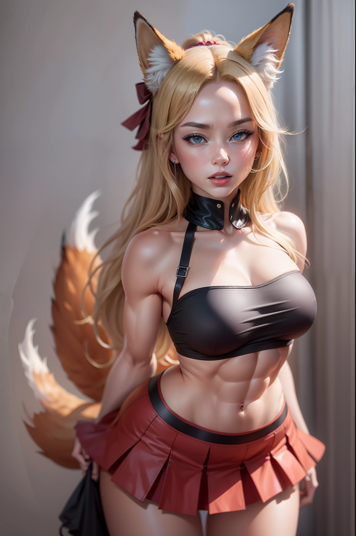 1 girl, 20years old, solo, ((adult girl)), (Evil grin:1.0), ((muscular girl)), (abs), bellybutton, Long hair, blonde hair, blue eyes, braid, Single long braid, animal ears, ((Fox Girl)), Fox ears, fluff on the ears, tail, Foxtail, wide shoulders, elastic hips, elastic ass, Elastic breasts, Chest spread, makeup, eyeshadows, ((large breasts)), ((Slim waist)), covering, (covering breasts:1.2), (crotch cover:1.2), on back, lying, hair ornament, Completely , parted lips, blusher, clavicle, braided ponytail, the sweat, cleavage, knee up, ((Large thighs)), wide hips, Simple background, gray background, lying on the floor, (Detailer:1.0), (Realistic:1.0)