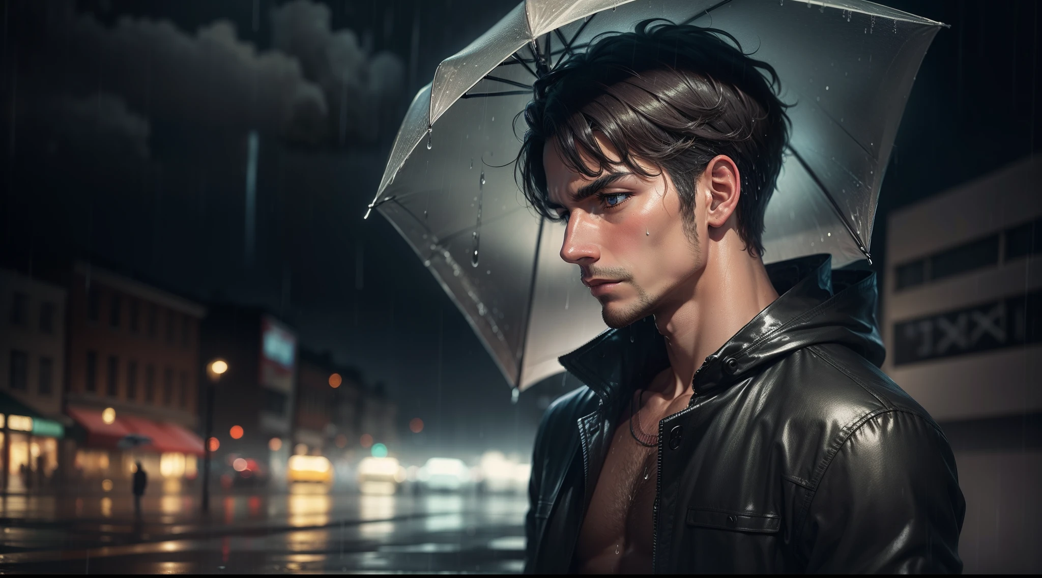 Man in the rain, lost in thought.