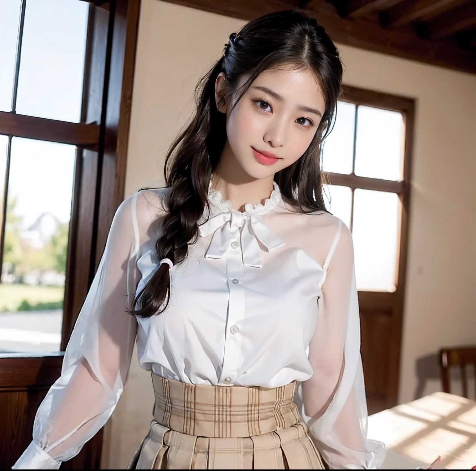 (top-quality、​masterpiece)、(Realistic lighting with shadows)、huge filesize、hight resolution、elegent、realisitic、intricate detailes、(Perfect anatomical depiction of the human body)、1 busty girl、((Miraculous super big))、She is a teenage girl、((Beautiful light brown eyes with glowing highlights))、Her charming little thin lips are、I don't have lipstick on it, but it's shiny、Brunette hair dancing in the wind、 Backlit braided half-up hair、High school girl wearing summer clothes、Clothes should be neat and clean blouses.、The color is white。、Wearing a crimson ribbon tie。Blouse too tight for her huge、Backed by all powerful buttons。、Skirt pleated mini with tartan check((The girl's breasts are not exposed at all))But、very large breasts、Very beautifully、Looks like a school goddess。This is a photo taken from the front(It is a photo of a smile that looks like a wonderful flower blooming。