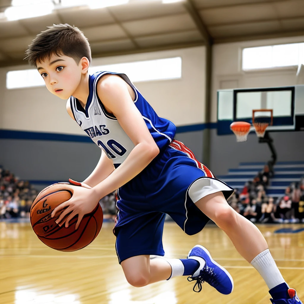 A 10-year-old boy plays basketball，Tank top shorts