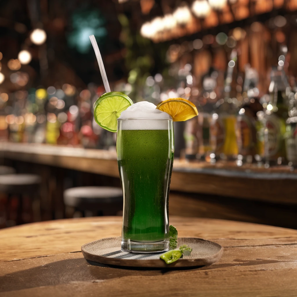 Crea una foto ultrarrealista en 8K que represente a un gnomo con gran sombrero verde con hebilla y sentado dentro de un acogedor, barra con poca luz. It should be caught in the middle of savoring a cold beer, with amber liquid and condensation on visible glass. El duende con sombrero grande verde debe estar vestido con ropa de gnomo, providing a stark contrast to the rustic and darker tones of the bar ambience. Your posture should communicate a sense of relaxation, Happiness and satisfaction. Duende verde disfrutando de su bebida. El ambiente del bar debe ser rico en detalles, from the polished wood counters to the ambient lighting that projects a soft glow on the various elements of the bar, incluyendo botellas, Grifos, y posiblemente otros clientes en el fondo, aunque fuera de foco. The composition of the image must be in Full HD with every detail, del bar tipo victoriano., Las burbujas en la cerveza, a los matices de sus expresiones faciales, capturadas con absoluta claridad. Use a high-end lens like the Zeiss Otus series for superior sharpness and resolution. Enfatice una profundidad de campo reducida para enfocarse en el hombre y su entorno inmediato, subtly blurring the more distant background. The lighting should be soft and warm, Mejorar la naturaleza acogedora del bar y resaltar las texturas y detalles del hombre, su bebida, y su entorno. --ar 16:9 --Calidad 2 --Caos 10