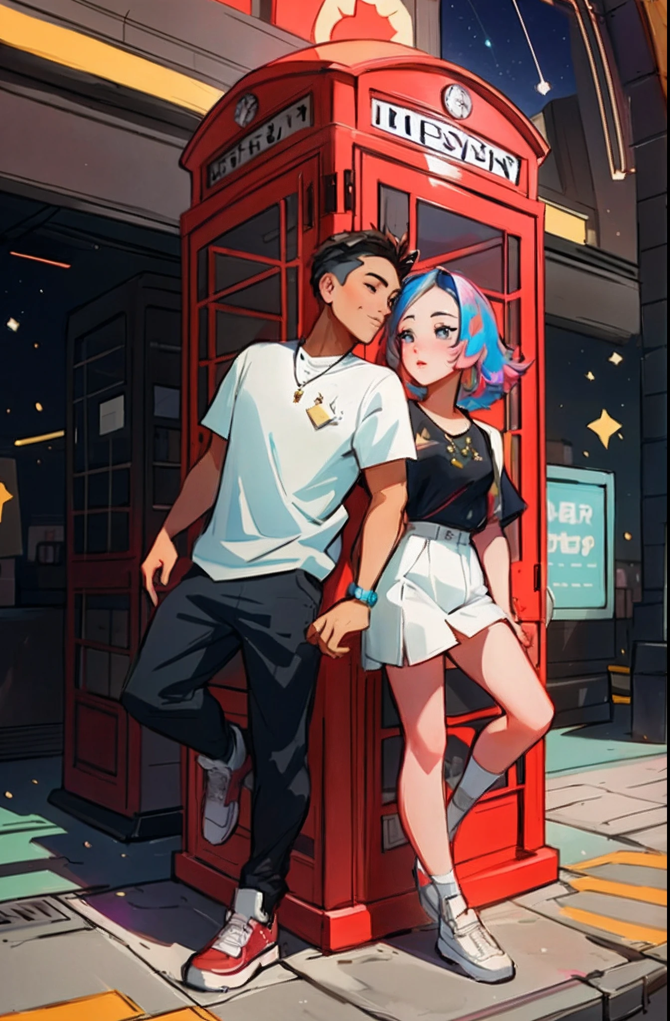 cartoon illustration of a man and woman standing in front of a phone booth, loish and ross tran, ross tran and ilya kuvshinov, ross tran and bayard wu, artwork in the style of guweiz, trending on artstration, anime style illustration, detailed fanart, jin shan and ross tran, loish art style, ross tran style, cute artwork