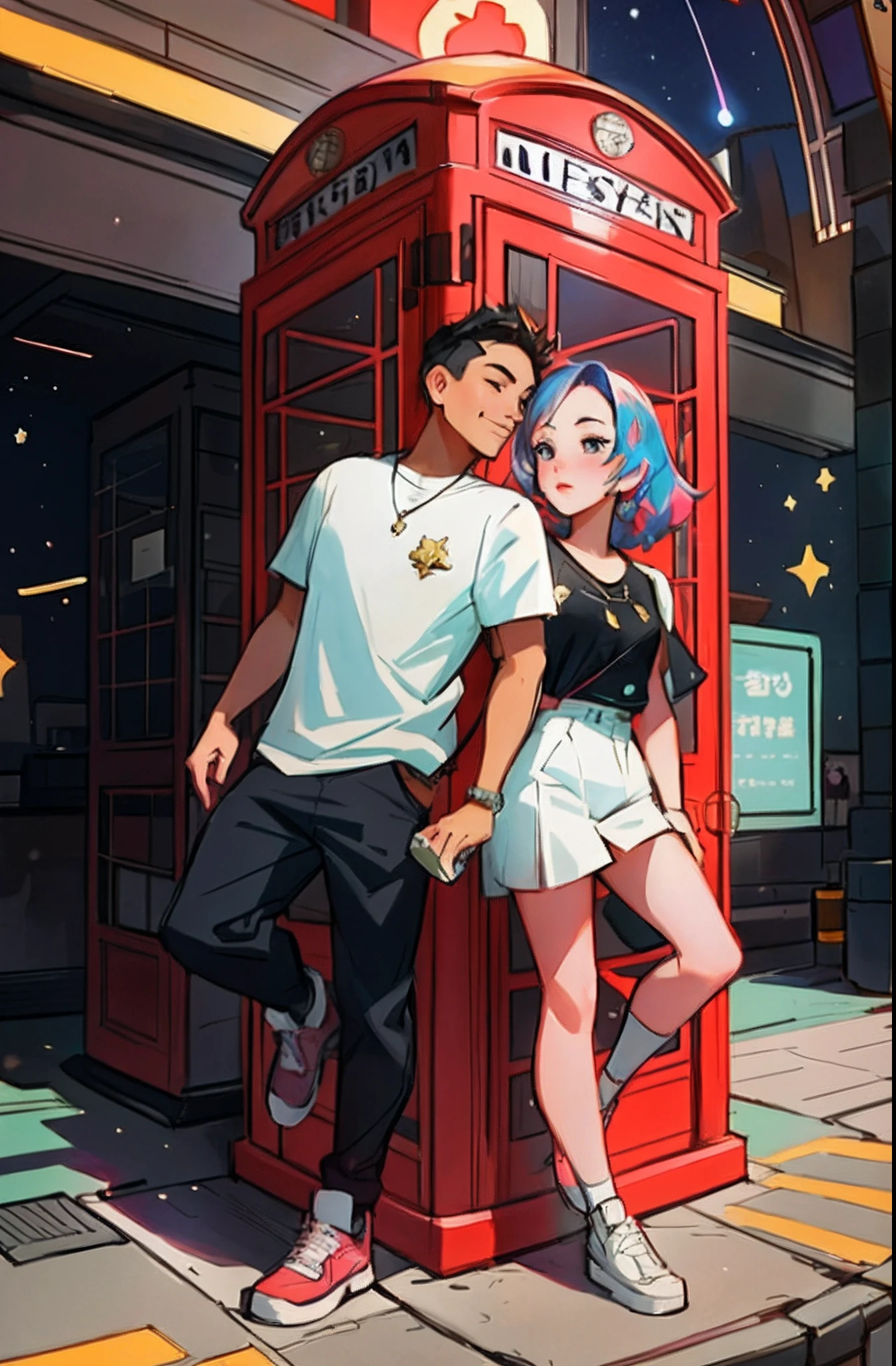 cartoon illustration of a man and woman standing in front of a phone booth, loish and ross tran, ross tran and ilya kuvshinov, ross tran and bayard wu, artwork in the style of guweiz, trending on artstration, anime style illustration, detailed fanart, jin shan and ross tran, loish art style, ross tran style, cute artwork