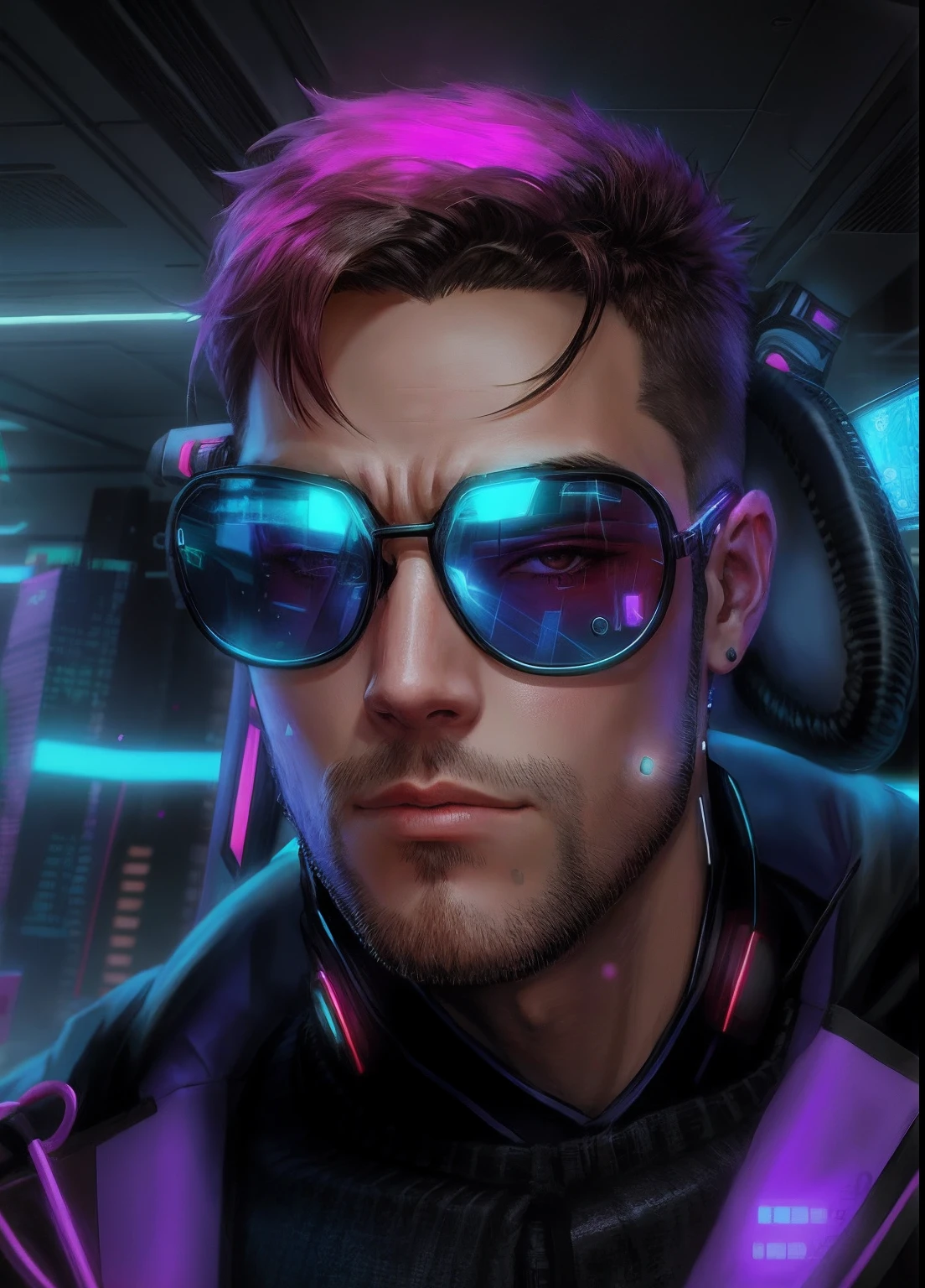 Anime male portrait, glasses, cyberpunk
