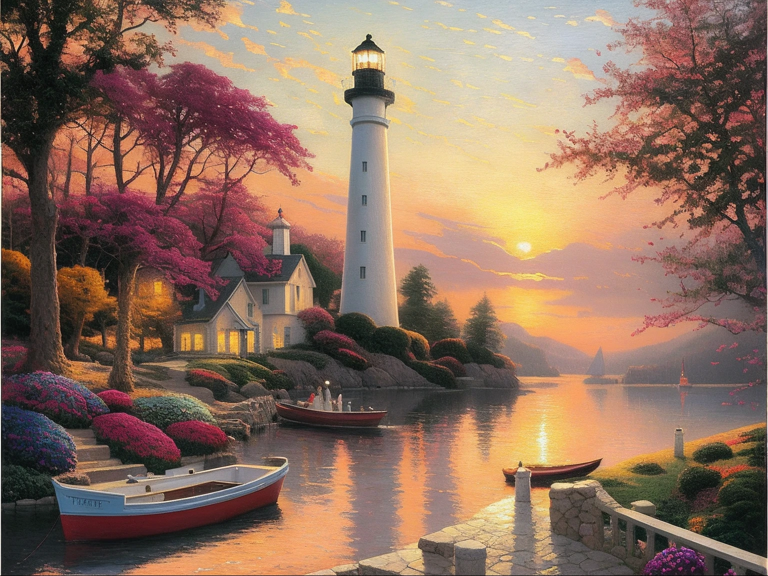 painting of a lighthouse and a boat on a lake with a sunset, light house, scenery artwork, thomas kinkade. highly detailed, beautiful detailed scene, scenery art detailed, lighthouse, sunset glow, warm beautiful scene, thomas kindkade, full of colors and rich detail, kinkade, serene scene, very high detailed, near the seashore, inspired by Thomas Kinkade