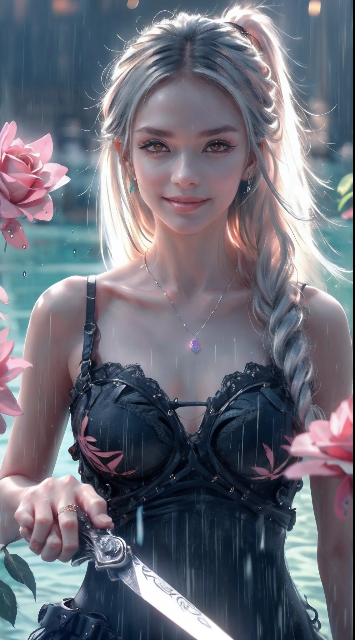 Garden covered with red roses in the background, Silver hair, front ponytail, eyes reflection, red contact lenses, Pink eyes,Heterochromia, Wear earrings, Blue crystal pendant,Evil smile, shairband,High detail, romanticism lain, Depth of field, Sparkle, Ray tracing, viewfinder, zoom layer, Close-up, Bokeh, Anatomically correct, High details, 1080p, Ultra HD
Woman,High ponytail,a sailor suit,Half out of the water,Get wet,Clothing water pattern detail,The expression is solemn,holding knives,Shiny blade detail depiction,reflective light,
Gorgeous and delicate glowing little butterfly hair ornament,brilliant colorful,Fine engraving,Shine brightly,The attention to detail,The jewelry is of high quality,Extremely high image quality