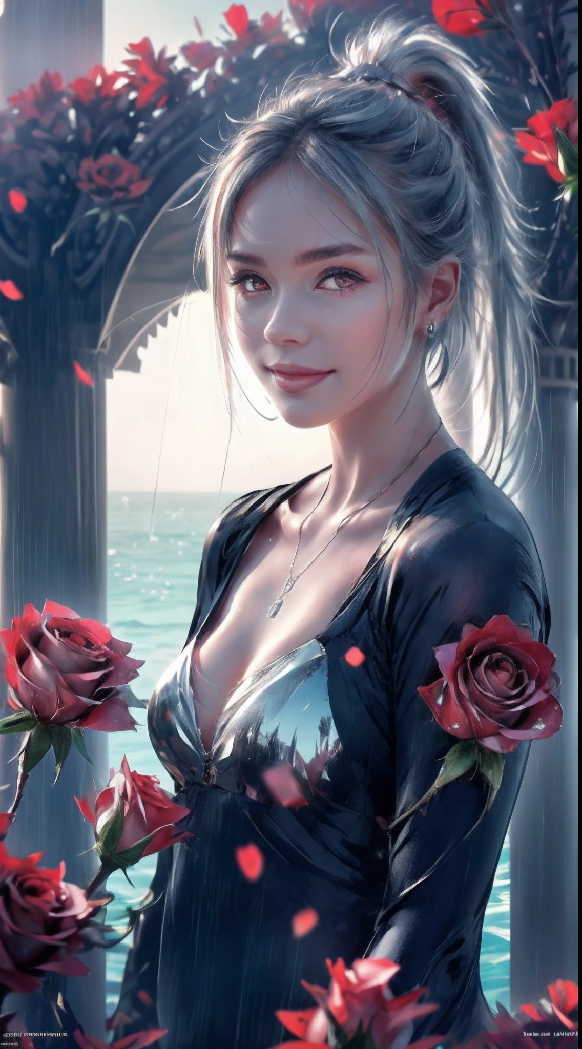 Garden covered with red roses in the background, Silver hair, front ponytail, eyes reflection, red contact lenses, Pink eyes,Heterochromia, Wear earrings, Blue crystal pendant,Evil smile, shairband,High detail, romanticism lain, Depth of field, Sparkle, Ray tracing, viewfinder, zoom layer, Close-up, Bokeh, Anatomically correct, High details, 1080p, Ultra HD
Woman,High ponytail,a sailor suit,Half out of the water,Get wet,Clothing water pattern detail,The expression is solemn,holding knives,Shiny blade detail depiction,reflective light,
Gorgeous and delicate glowing little butterfly hair ornament,brilliant colorful,Fine engraving,Shine brightly,The attention to detail,The jewelry is of high quality,Extremely high image quality