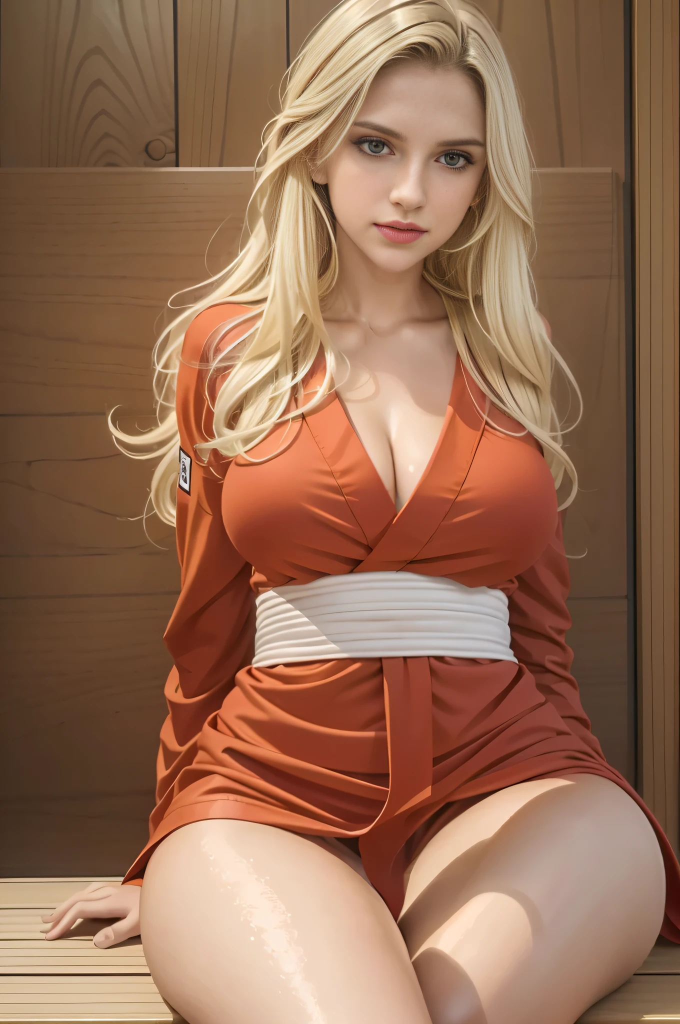 absurdres, foto RAW, mais alta qualidade, (obra-prima: 1.3), foto de cor RAW de alto detalhe, foto profissional, unidade de papel de parede CG 8k extremamente detalhada, foto-realista, realista, foto RAW, obra-prima, melhor qualidade, highres, illustration,
1girl, , alta, rabo de cavalo, cabelo loiro, medium length, pernas finas, rosto lindo perfeito realista, belos olhos castanhos detalhados, pele clara, textura de pele detalhada, seios planos, bunda pequena, corpo bonito. Saindo do banho. Fazendo sexo oral. Sitting with legs open. (kimono ninja vermelho, design detalhado) In a wooden dojo com espadas, spears and sticks in the background.