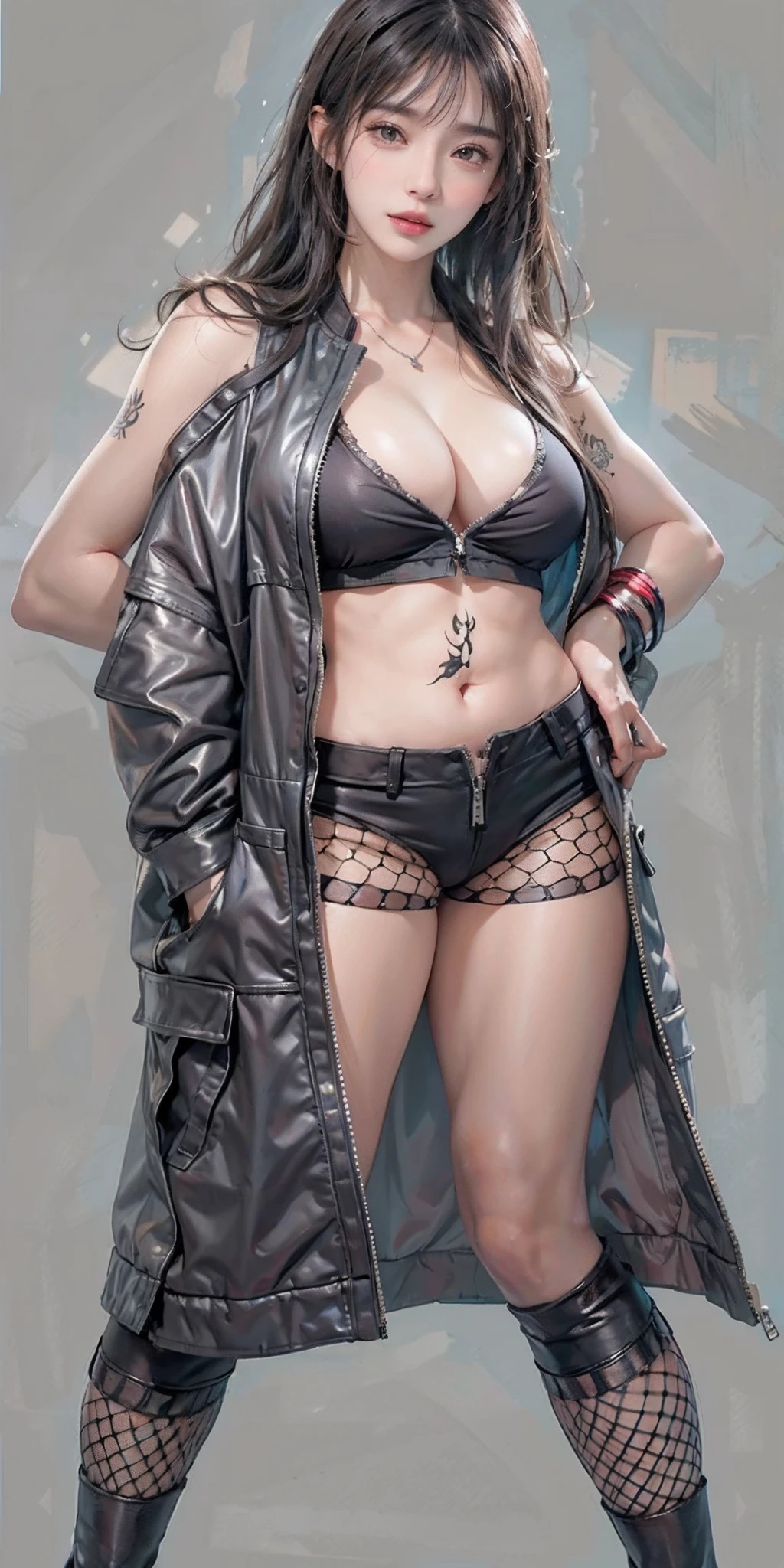 photorealistic, high resolution, soft light,1women, solo, hips up, shinning skin, (detailed face), jewelry, tattoo, hyuuga hinata, hinata-sleeveless-outfit, large breasts, big breast, sleeveless shirt, fishnet top, dark lips, unzipped jacket, no bra, breasts out