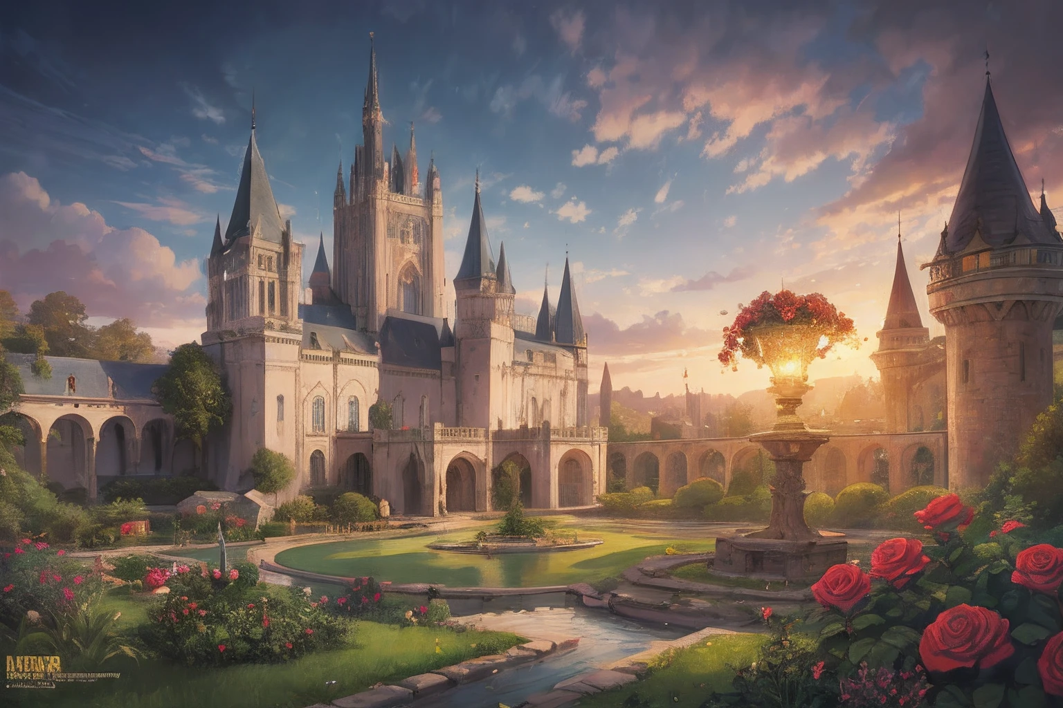 An illustration of a lush and vibrant kingdom, with towering castles and cobblestone streets. Inspired by artist John Howe. The royal garden at the center features a glowing rose bush. Warm color temperature, serene expressions. Soft, golden lighting with a dreamy atmosphere. --auto --s2