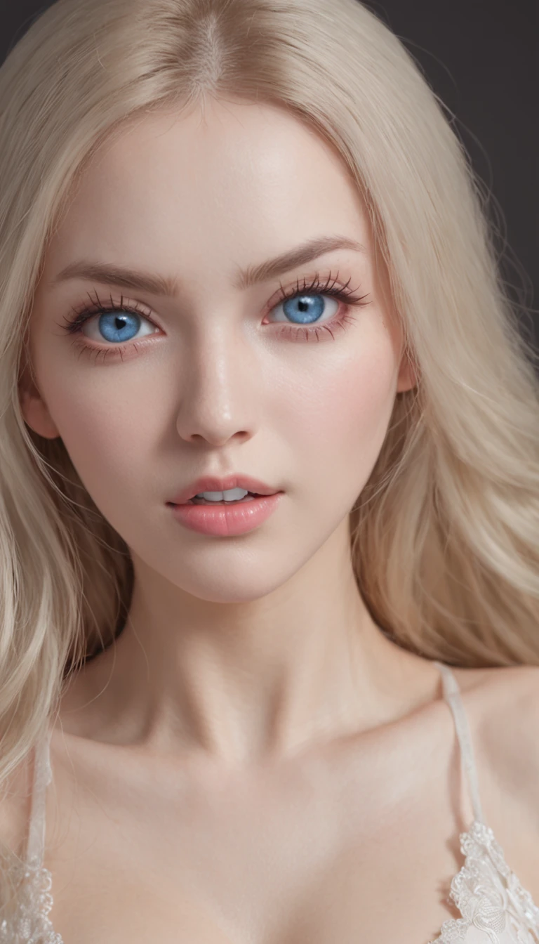 14years, Beautiful girl with bright blue eyes, shocked expression,wide eyes, Lying on her back, Wearing pink sheer silk, (((Large breasts :1.2 and round breasts:1.2))),8K, Raw photo, highly detailedskin, Exposed, Photography, masutepiece, Best Quality, Gorgeous light blonde long hair, Ultra-detailed face, Detailed blue eyes, ((No closeup)), Front Angle, yawning, Very wide open mouth, Spread legs, Wet Open ,(((Pubic hair))).