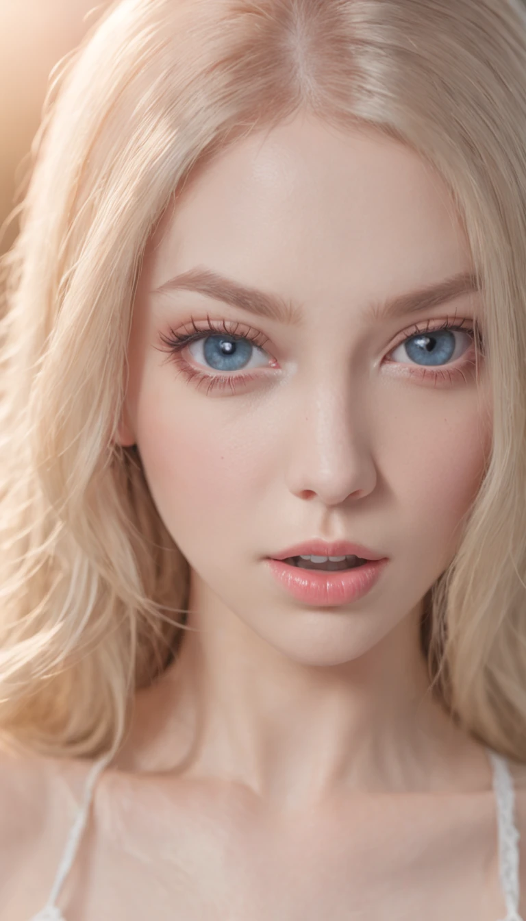 岁, Beautiful girl with bright blue eyes, shocked expression,Wide eyes, (((Large breasts :1.2 and round breasts:1.2))),8K, RAW photo, Highly detailed skin, exposed, Photography, Masterpiece, Best quality, Gorgeous light blonde long hair, Ultra-detailed face, Detailed blue eyes, ((no close up)), front angle, Yawning, Very wide open mouth, Spread legs, Wet open ,(((Pubic hair))).