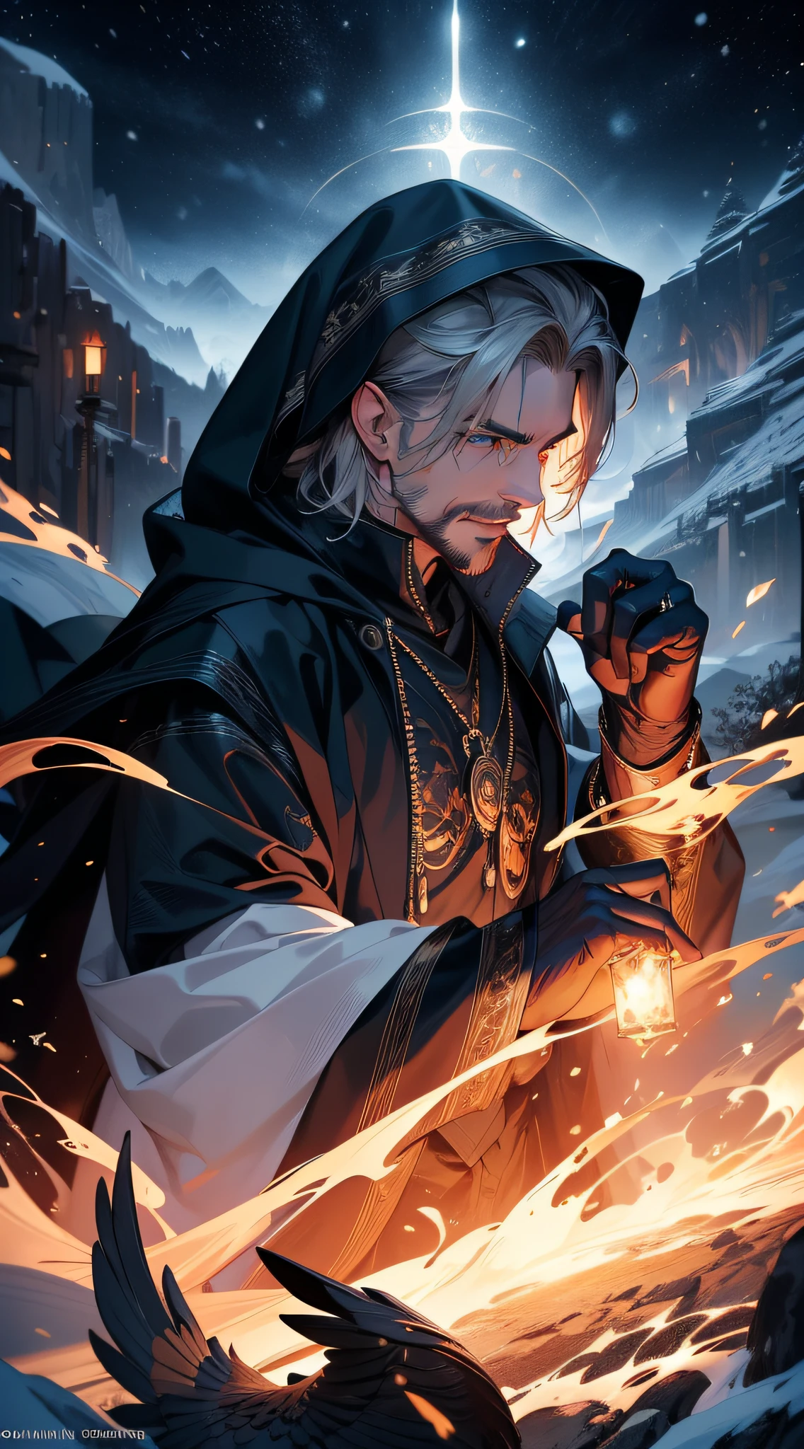 masterpiece, best quality, landscape, gorgeous, caster, perfect face,1man, mage, hood, snow, fire, fire magic, black coat, cold, mountain, desolate, alone, , badass, misteryous, magic, magicle, dark, stunning view, goatee, scary, dynamic pose, energetic, smile, close up