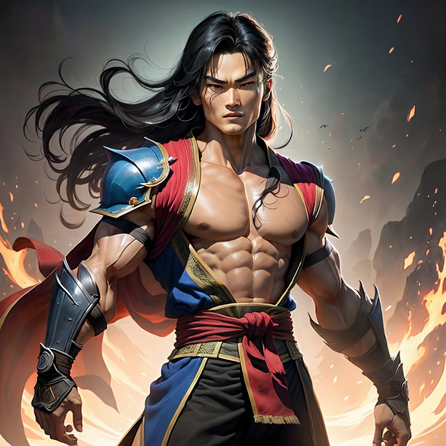 Liu Kang mortal kombat with long hair and a bun a red headband tied so bun, golden shoulder pads with spikes