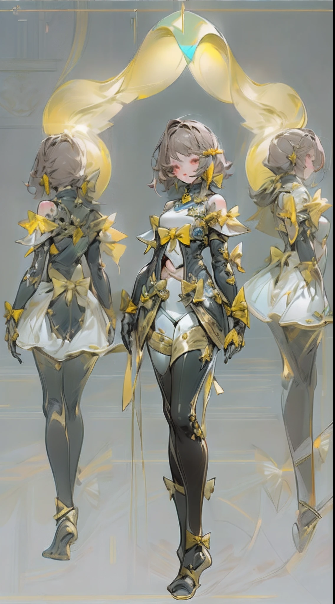 Design a layout showcase Gaming character, (1girl). Golden+Purle clothes, stylish and unique, ((detailed magic bow:1.4)), (masterpiece:1.2), (best quality), 4k, ultra-detailed, (Step by step design, layout art:1.5), (luminous lighting, atmospheric lighting), Final Fantasy style, magican, ((glove full hands)), fran, viera, (((revealing clothes:1.3))), vambraces, armored legwear, (((full_body_shot:1.4))), Niji