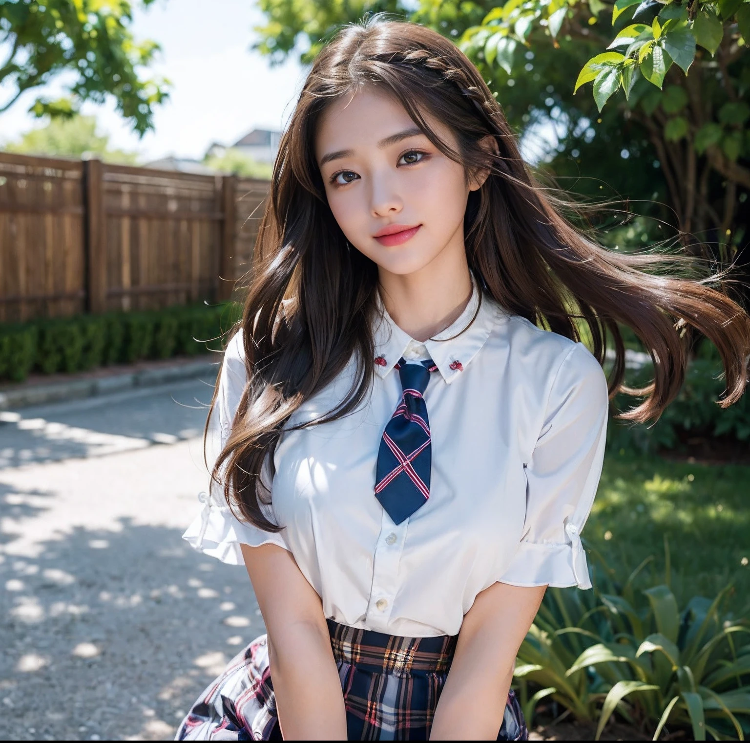 (top-quality、​masterpiece)、(Realistic lighting with shadows)、huge filesize、hight resolution、elegent、realisitic、intricate detailes、(Perfect anatomical depiction of the human body)、1 girl with big、((Miraculous supersize))、She is a teenage girl、((Beautiful light brown eyes with glowing highlights))、Her charming little thin lips are、No lipstick, however、It is shiny、Brunette hair fluttering in the wind、 Backlit braided half-up hair、High school girl in summer clothes、Clothes should be neat and clean blouses.、The color is white。、Wearing a crimson ribbon tie。Too tight for her huge blouse、Backed by all powerful buttons。、Skirt Pleated Mini with Tartan Check((The girl's breasts are not exposed at all))But、Very large breasts、Very beautifully、Looks like a school goddess。This photo was taken from the front.(It is a photo of a smile that looks like a wonderful flower blooming。