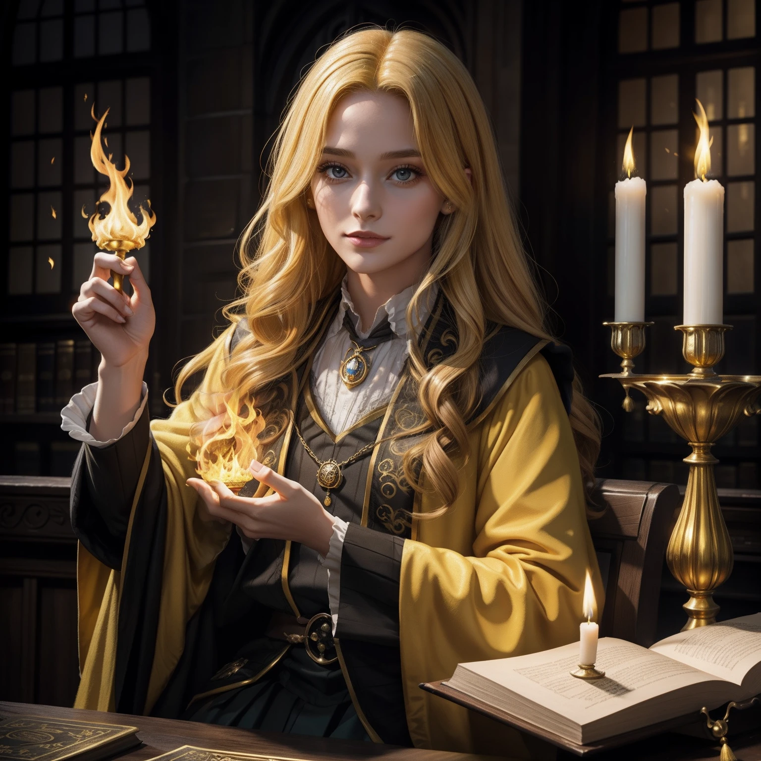 28 Jahre,a beautiful young woman, lange geflochtene Haare, Hogwarts Haus Huffelpuff, langer gelber Umhang, goldene Dachskette um den Hals, Hogwarts im Hintergrund, holds yellow fire in his hand, Hand brennt gelb,