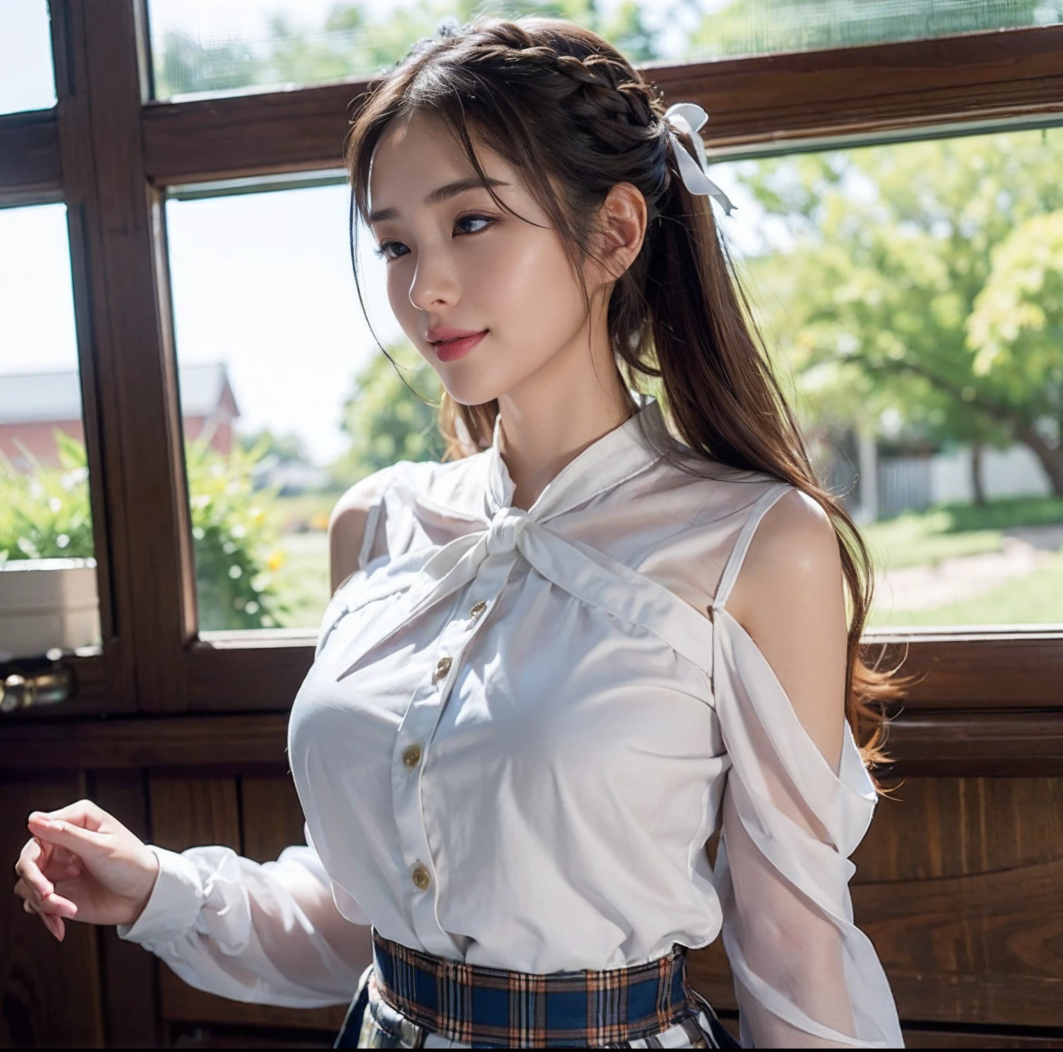(top-quality、​masterpiece)、(Realistic lighting with shadows)、huge filesize、hight resolution、elegent、realisitic、intricate detailes、(Perfect anatomical depiction of the human body)、1 girl with big、((Miraculous supersize))、She is a teenage girl、((Beautiful light brown eyes with glowing highlights))、Her charming little thin lips are、No lipstick, however、It is shiny、Brunette hair fluttering in the wind、 Backlit braided half-up hair、High school girl in summer clothes、Clothes should be neat and clean blouses.、The color is white。、Wearing a crimson ribbon tie。Too tight for her huge blouse、Backed by all powerful buttons。、Skirt Pleated Mini with Tartan Check((The girl's breasts are not exposed at all))But、Very large breasts、Very beautifully、Looks like a school goddess。This photo was taken from the front.(It is a photo of a smile that looks like a wonderful flower blooming。