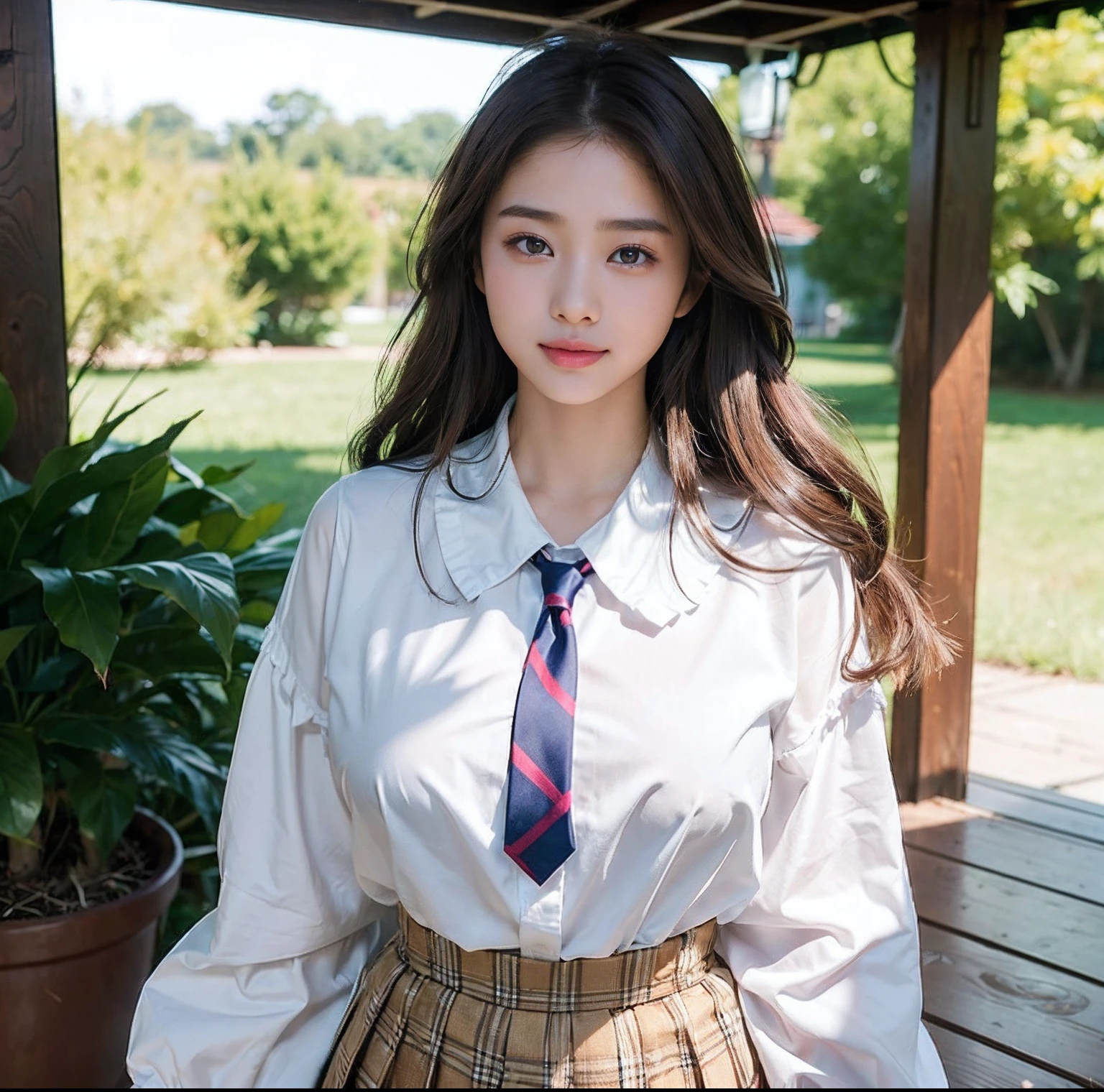 (top-quality、​masterpiece)、(Realistic lighting with shadows)、huge filesize、hight resolution、elegent、realisitic、intricate detailes、(Perfect anatomical depiction of the human body)、1 girl with big、((Miraculous supersize))、She is a teenage girl、((Beautiful light brown eyes with glowing highlights))、Her charming little thin lips are、No lipstick, however、It is shiny、Brunette hair fluttering in the wind、 Backlit braided half-up hair、High school girl in summer clothes、Clothes should be neat and clean blouses.、The color is white。、Wearing a crimson ribbon tie。Too tight for her huge blouse、Backed by all powerful buttons。、Skirt Pleated Mini with Tartan Check((The girl's breasts are not exposed at all))But、Very large breasts、Very beautifully、Looks like a school goddess。This photo was taken from the front.(It is a photo of a smile that looks like a wonderful flower blooming。