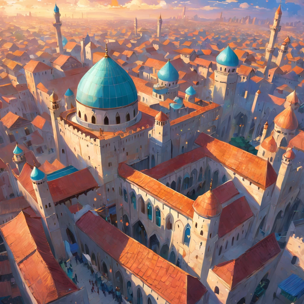 "Vibrant and lively scene depicting a sprawling medieval Islamic cityscape."