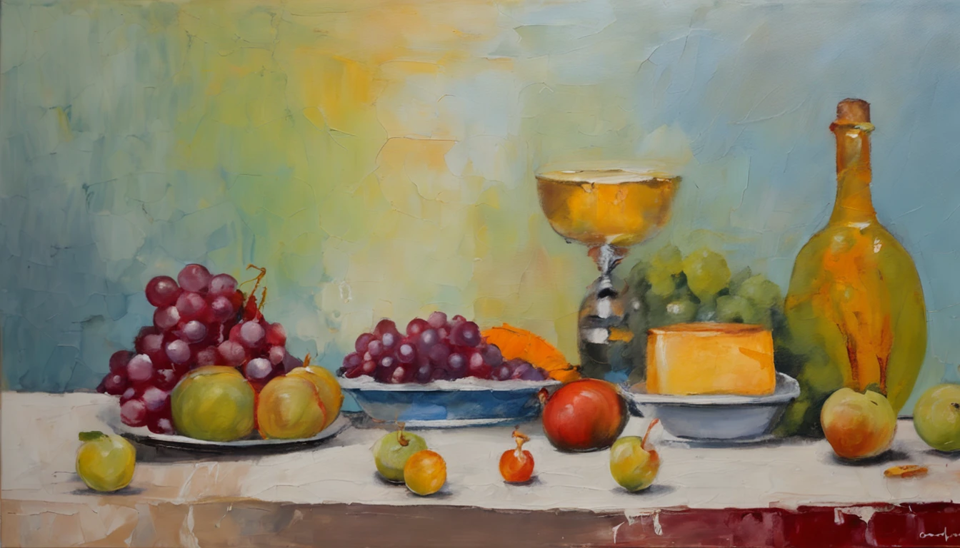 Table with bread, wine goblet and grapes 、It's made up of a lot of things big and small、Pontos de cor claros、altamente detalhado ::n_Estilo anime、fotorrealista、Alto contraste、ruidoso ::semente 1000、centralizado、fundo branco