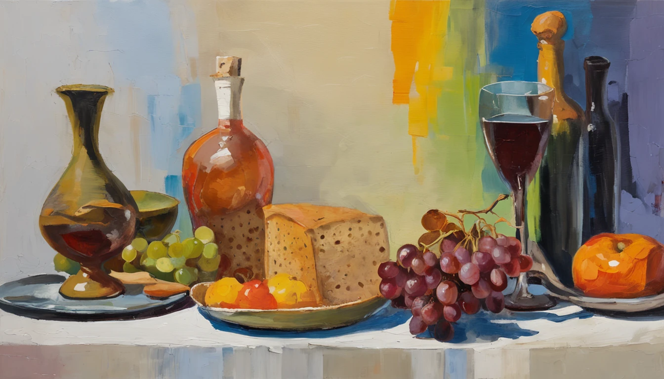 Table with bread, wine goblet and grapes 、It's made up of a lot of things big and small、Pontos de cor claros、altamente detalhado ::n_Estilo anime、fotorrealista、Alto contraste、ruidoso ::semente 1000、centralizado、fundo branco