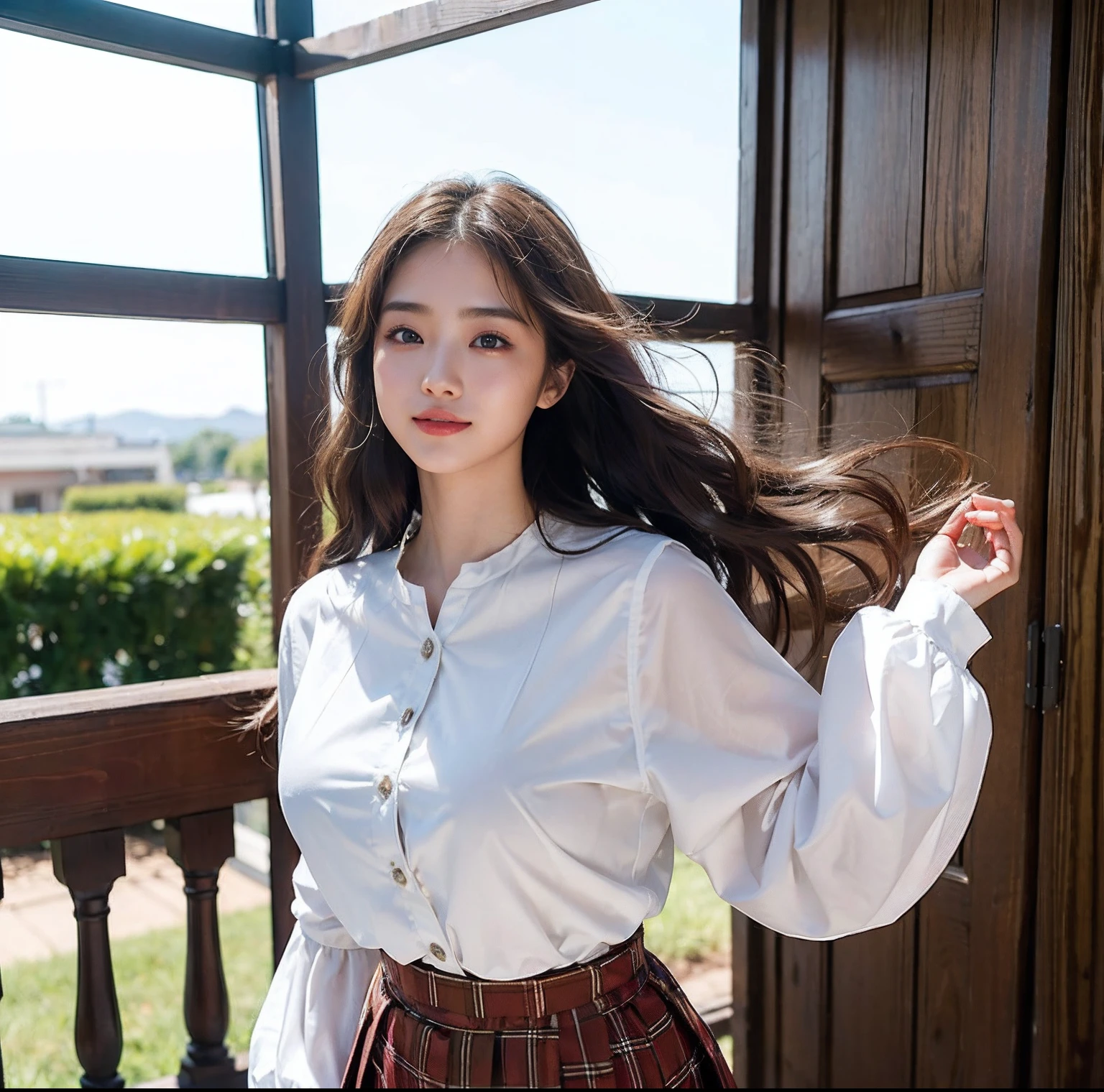 (top-quality、​masterpiece)、(Realistic lighting with shadows)、huge filesize、hight resolution、elegent、realisitic、intricate detailes、(Perfect anatomical depiction of the human body)、1 girl with big、((Miraculous supersize))、She is a teenage girl、((Beautiful light brown eyes with glowing highlights))、Her charming little thin lips are、No lipstick, however、It is shiny、Brunette hair fluttering in the wind、 Backlit braided half-up hair、High school girl in summer clothes、Clothes should be neat and clean blouses.、The color is white。、Wearing a crimson ribbon tie。Too tight for her huge blouse、Backed by all powerful buttons。、Skirt Pleated Mini with Tartan Check((The girl's breasts are not exposed at all))But、Very large breasts、Very beautifully、Looks like a school goddess。This photo was taken from the front.(It is a photo of a smile that looks like a wonderful flower blooming。