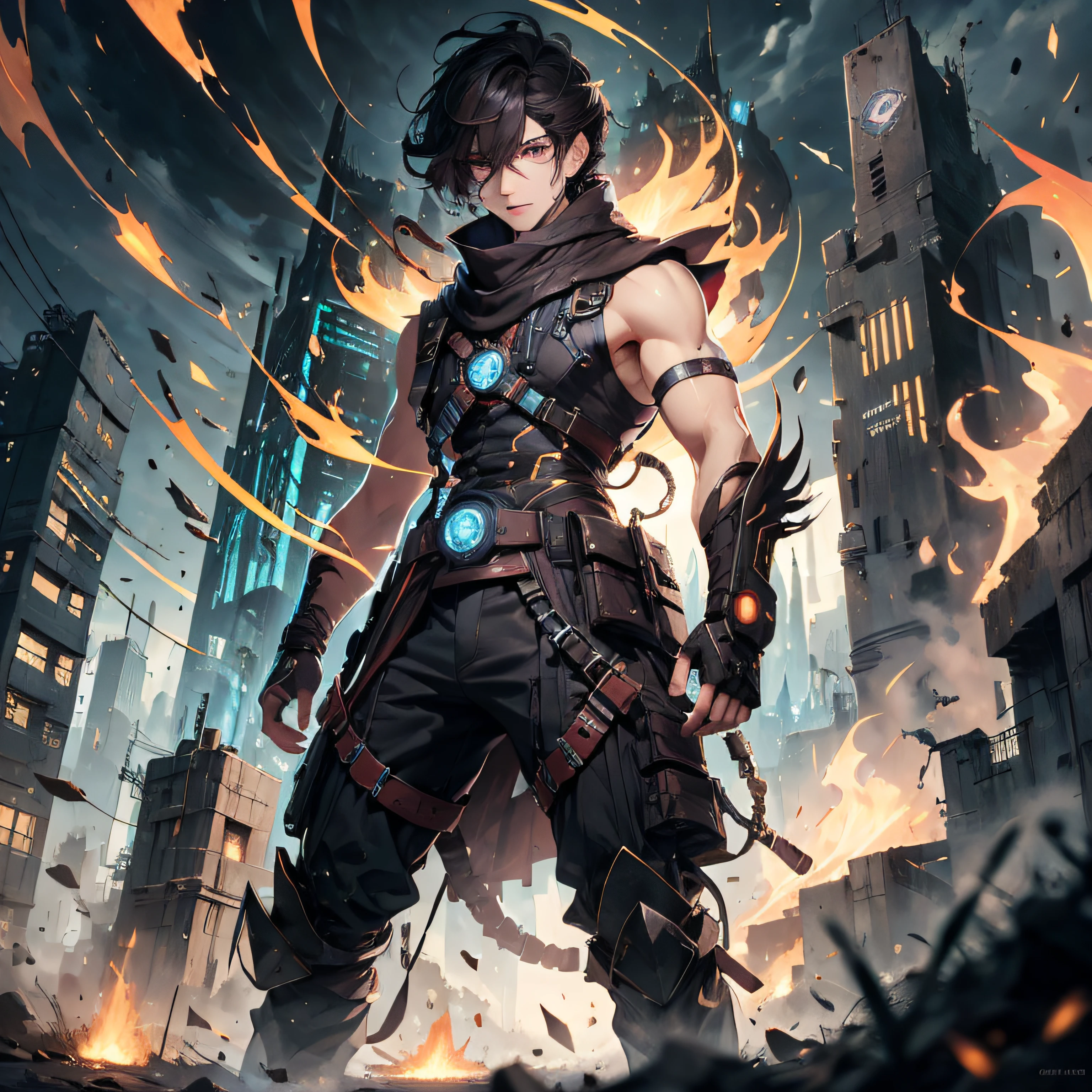 (absurdres, highres, ultra detailed), masterpiece, best quality, real light and shadow, solo, full body,a boy with dark brown hair, sleeveless outfits, handsome, bipedal, full pants, flames, fire power, burn, fire hands ,white clothes, buff, finely eye, detailed face, detailed eye, scarf, white coat, white clothes, arm braces, futuristic technology, from below, look down, futuristic earpiece,futuristic city, fire background, swirl, spark, superhero landing shot, BREAK, dark brown eyes