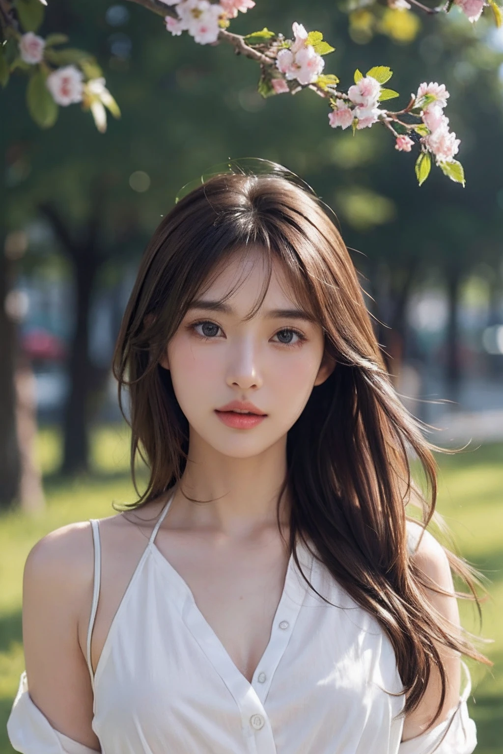 (best quality,4k,8k,highres,masterpiece:1.2),ultra-detailed,(realistic,photorealistic,photo-realistic:1.37),portrait,woman,long flowing hair,gray-white irises,hollow gaze,pink lips,white flowers on hair tips,graceful figure