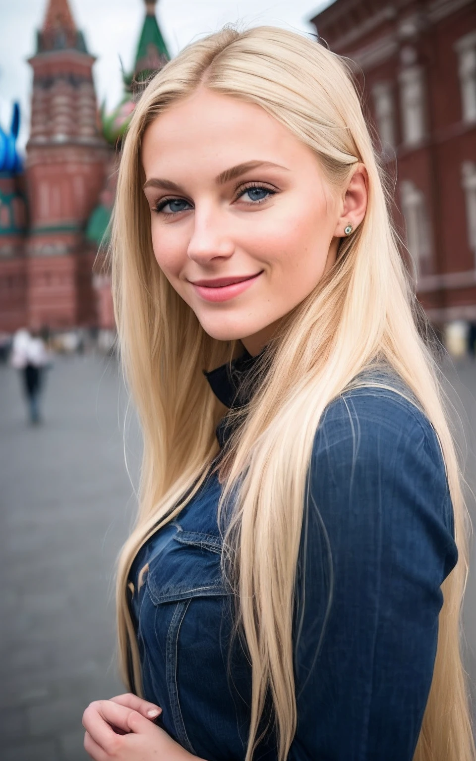 A 20-year-old woman with long blonde hair and blue eyes is taking a picture, Beautiful blonde woman, Beautiful blonde girl, blond woman in a, Beautie, a photography of a beautiful woman, Smooth Portrait Shots 8K, portrait of a beautiful model, full body Esbian, Beautiful smile with open mouth in model pose.fashionshow、moscow、Featured on Red Square