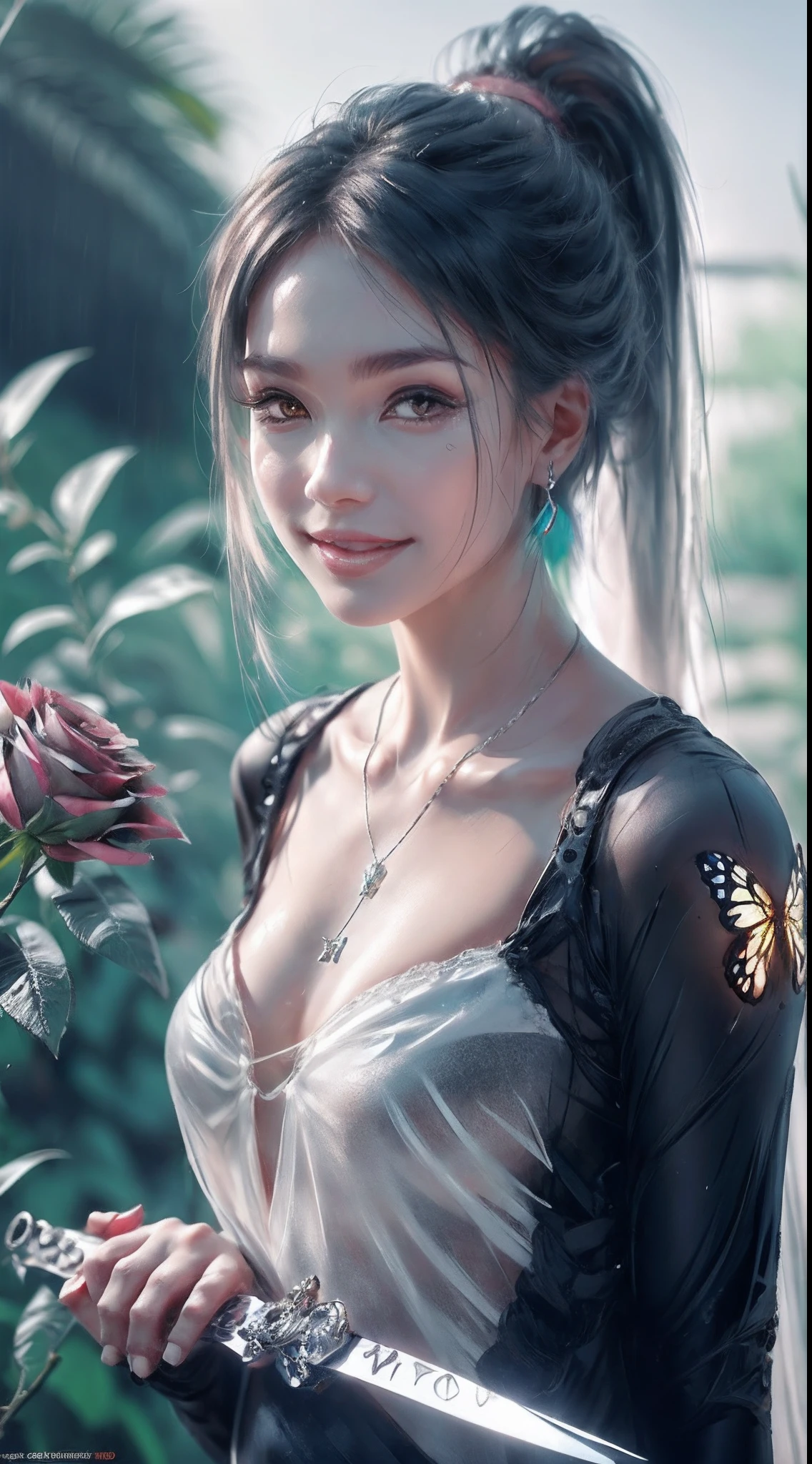 Garden covered with red roses in the background, Silver hair, front ponytail, eyes reflection, red contact lenses, Pink eyes,Heterochromia, Wear earrings, Blue crystal pendant,Evil smile, shairband,High detail, romanticism lain, Depth of field, Sparkle, Ray tracing, viewfinder, zoom layer, Close-up, Bokeh, Anatomically correct, High details, 1080p, Ultra HD
Woman,High ponytail,a sailor suit,Half out of the water,Get wet,Clothing water pattern detail,The expression is solemn,holding knives,Shiny blade detail depiction,reflective light,
Gorgeous and delicate glowing little butterfly hair ornament,brilliant colorful,Fine engraving,Shine brightly,The attention to detail,The jewelry is of high quality,Extremely high image quality