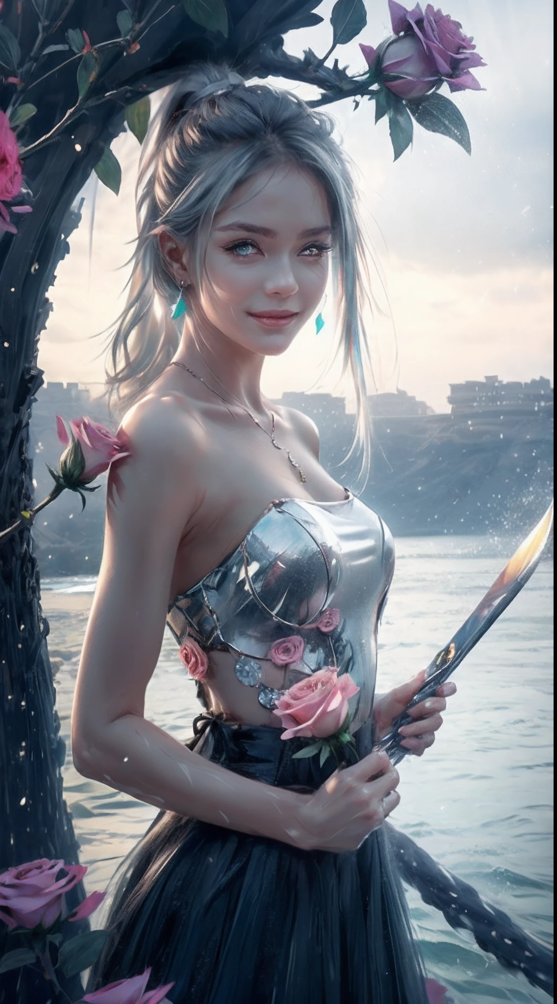 Garden covered with red roses in the background, Silver hair, front ponytail, eyes reflection, red contact lenses, Pink eyes,Heterochromia, Wear earrings, Blue crystal pendant,Evil smile, shairband,High detail, romanticism lain, Depth of field, Sparkle, Ray tracing, viewfinder, zoom layer, Close-up, Bokeh, Anatomically correct, High details, 1080p, Ultra HD
Woman,High ponytail,a sailor suit,Half out of the water,Get wet,Clothing water pattern detail,The expression is solemn,holding knives,Shiny blade detail depiction,reflective light,
Gorgeous and delicate glowing little butterfly hair ornament,brilliant colorful,Fine engraving,Shine brightly,The attention to detail,The jewelry is of high quality,Extremely high image quality