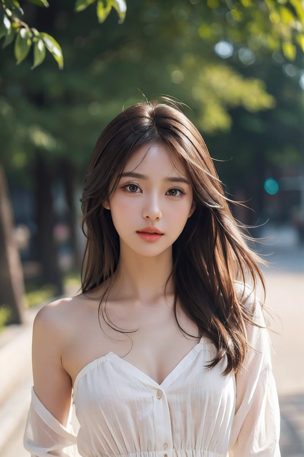 top-quality, masterpiece, Photorealsitic, Raw foto, ((One beautiful woman)), 22year old, Detailed face, beautidful eyes, depth of fields, White blouses, small tits, Faint lips, glowy skin, Glossy hair, Single-color background, Hair flutters as if blown by the wind, Missing the line of sight, Angle of pull, inside in room, inside the house, Single-color background